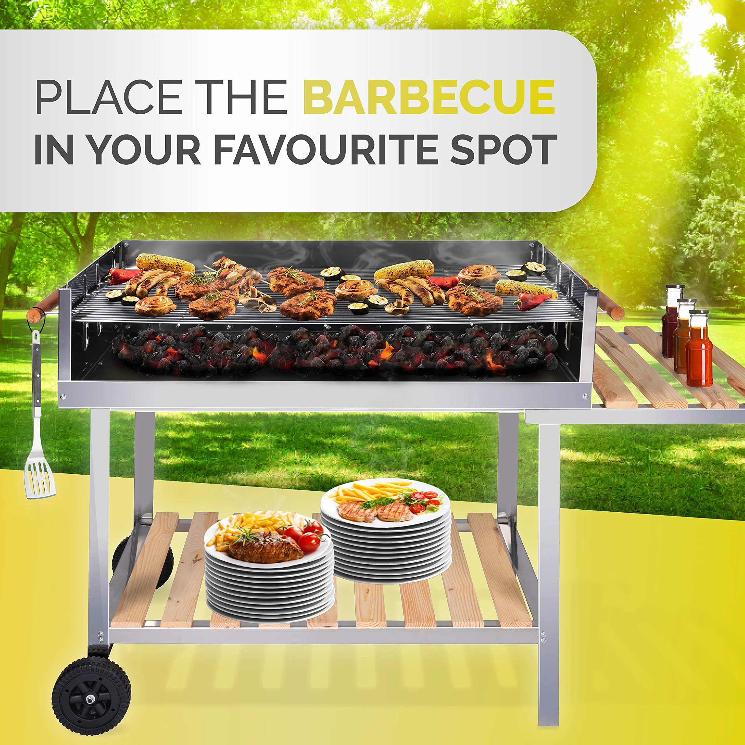 BBQ Collection Wózek grillowy na kółkach - węgiel drzewny - wózek - stal nierdzewna