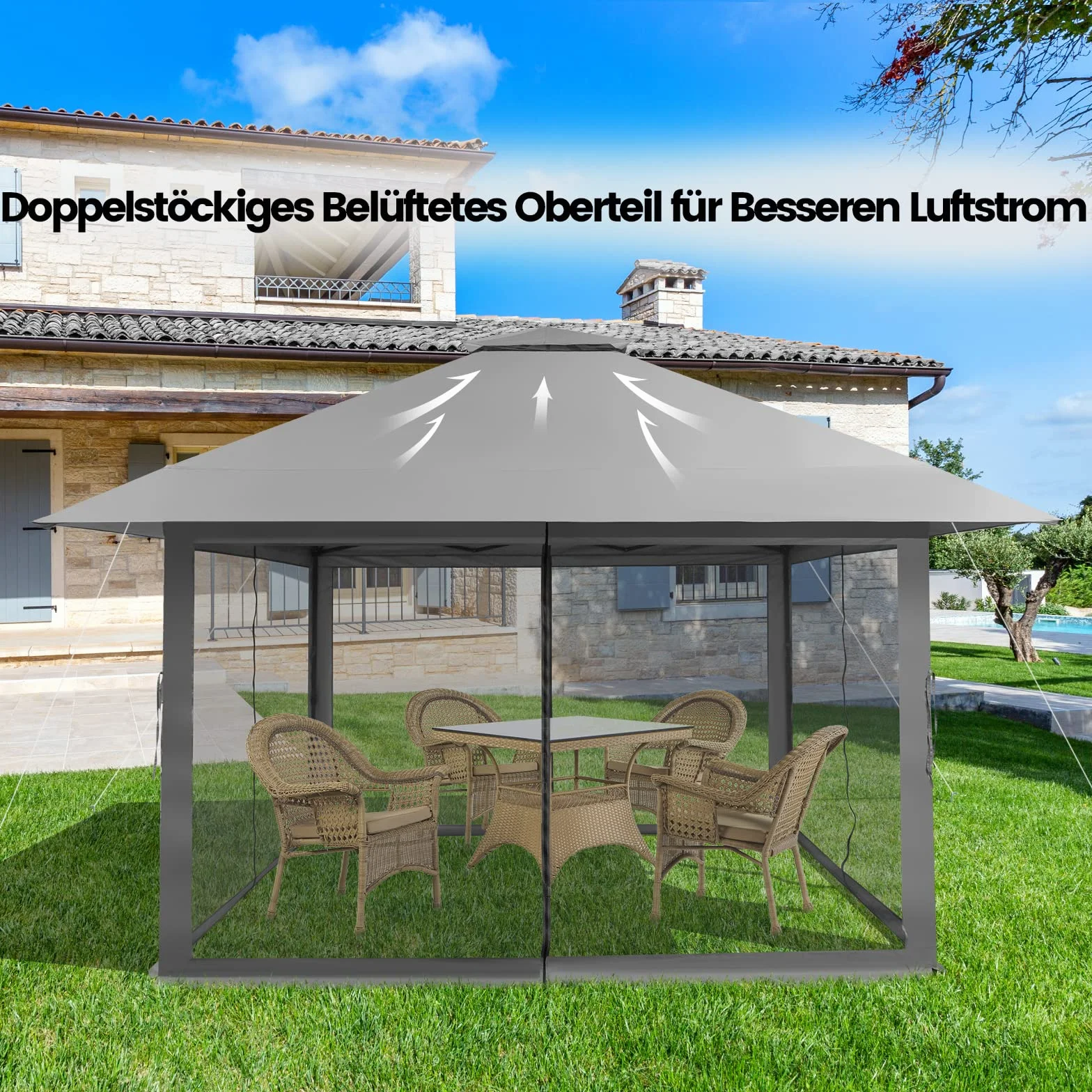 COSTWAY Pawilon ogrodowy 4 x 4 m, ze ścianami bocznymi z siatki, ochrona przed promieniowaniem UV 50+, składany pawilon Pop-Up z regulacją wysokości, w zestawie torba do przenoszenia z kółkami, do