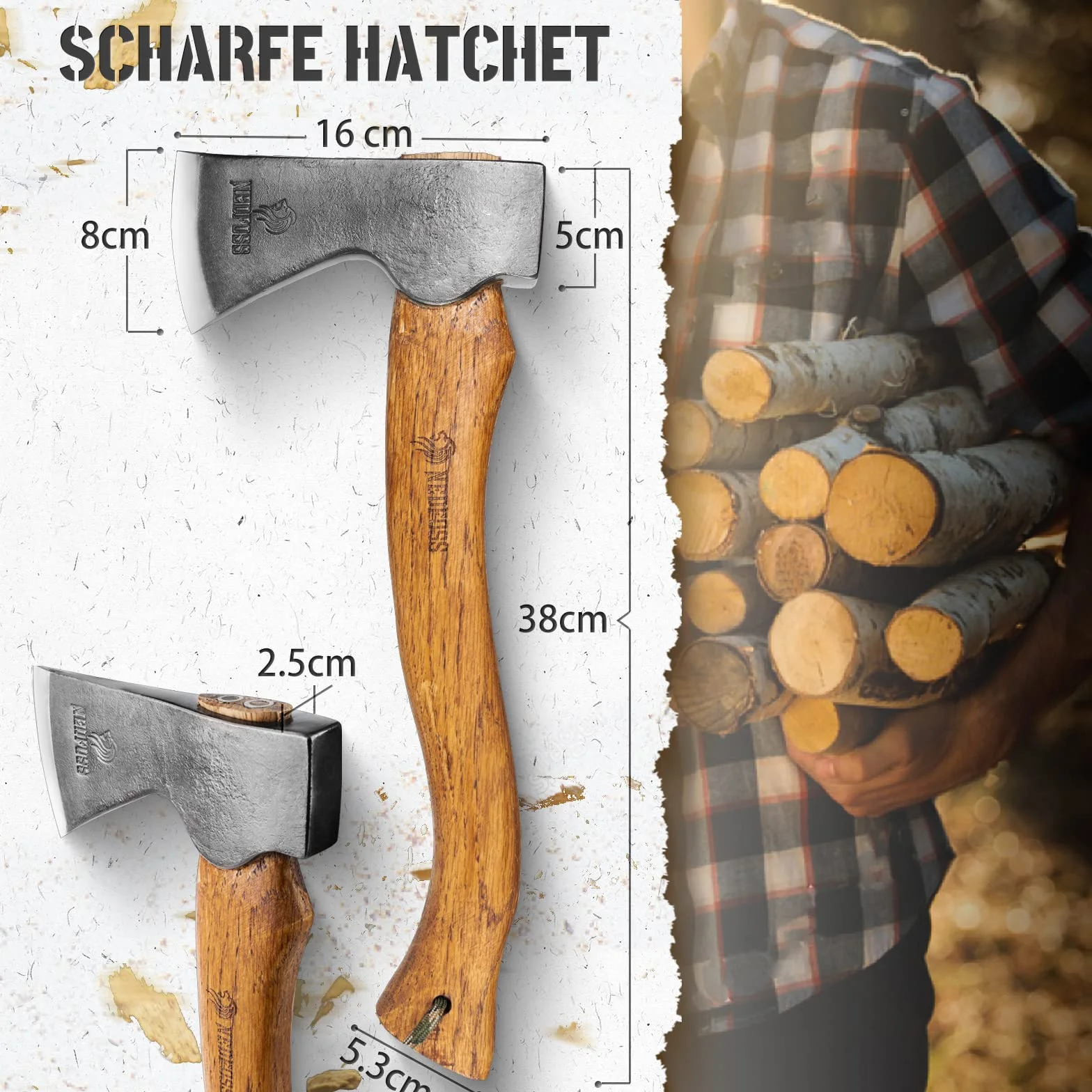 NedFoss Siekiera survivalowa, siekiera wikingów z drewnianym uchwytem, z pochwą, siekiera bushcraft, do rozłupywania, ostra, uniwersalna, wysokiej jakości, do ogrodu, na kemping, na zewnątrz, 38 cm