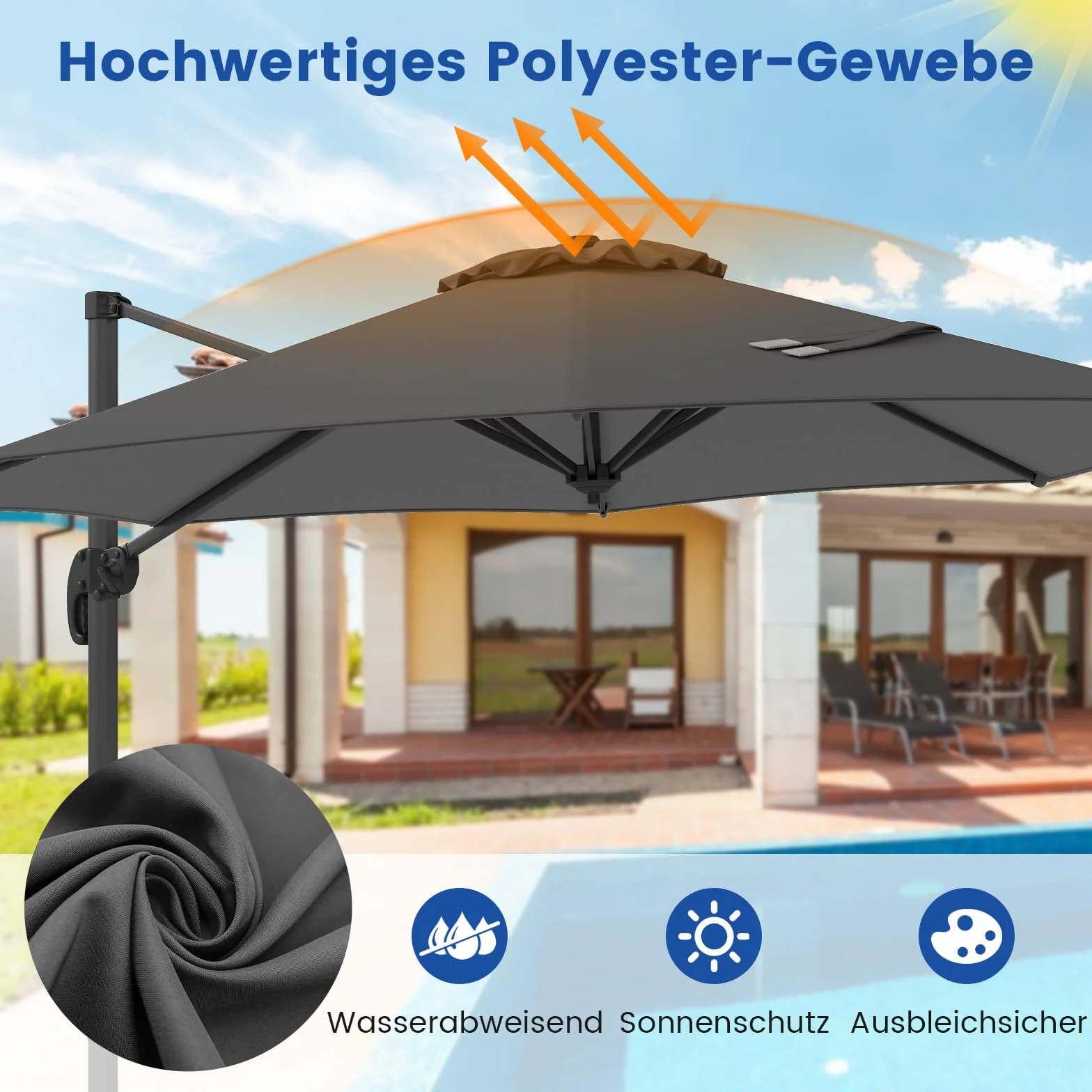 COSTWAY Parasol przeciwsłoneczny, 300 x 300 cm, z korbą, parasol ogrodowy, wychylny, obracany o 360°, duży parasol tarasowy, okrągły parasol do ogrodu, na taras