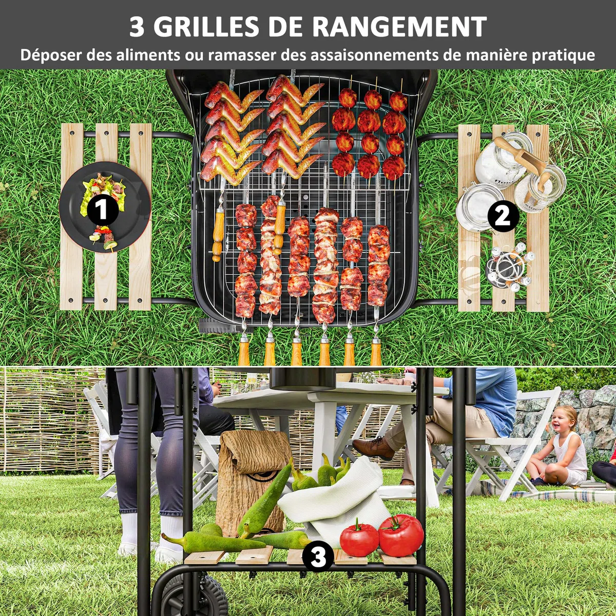 Outsunny Grill na węgiel drzewny, wózek do grillowania o powierzchni 1840 cm², przenośny grill wędzarniczy z pokrywką, rusztem, półkami i kółkami, na piknik, kemping, czarny