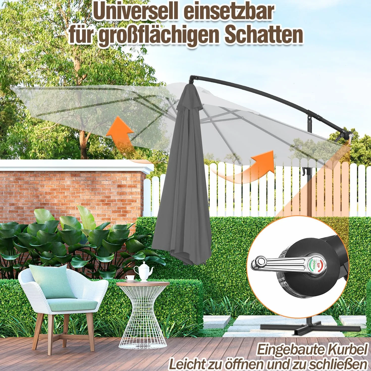 Parasol przeciwsłoneczny 350 cm, ze stojakiem i korbą, parasol ogrodowy, ochrona przed promieniowaniem UV, 8 stalowych wsporników, regulowany kąt nachylenia i wysokość, do basenów, balkonów i