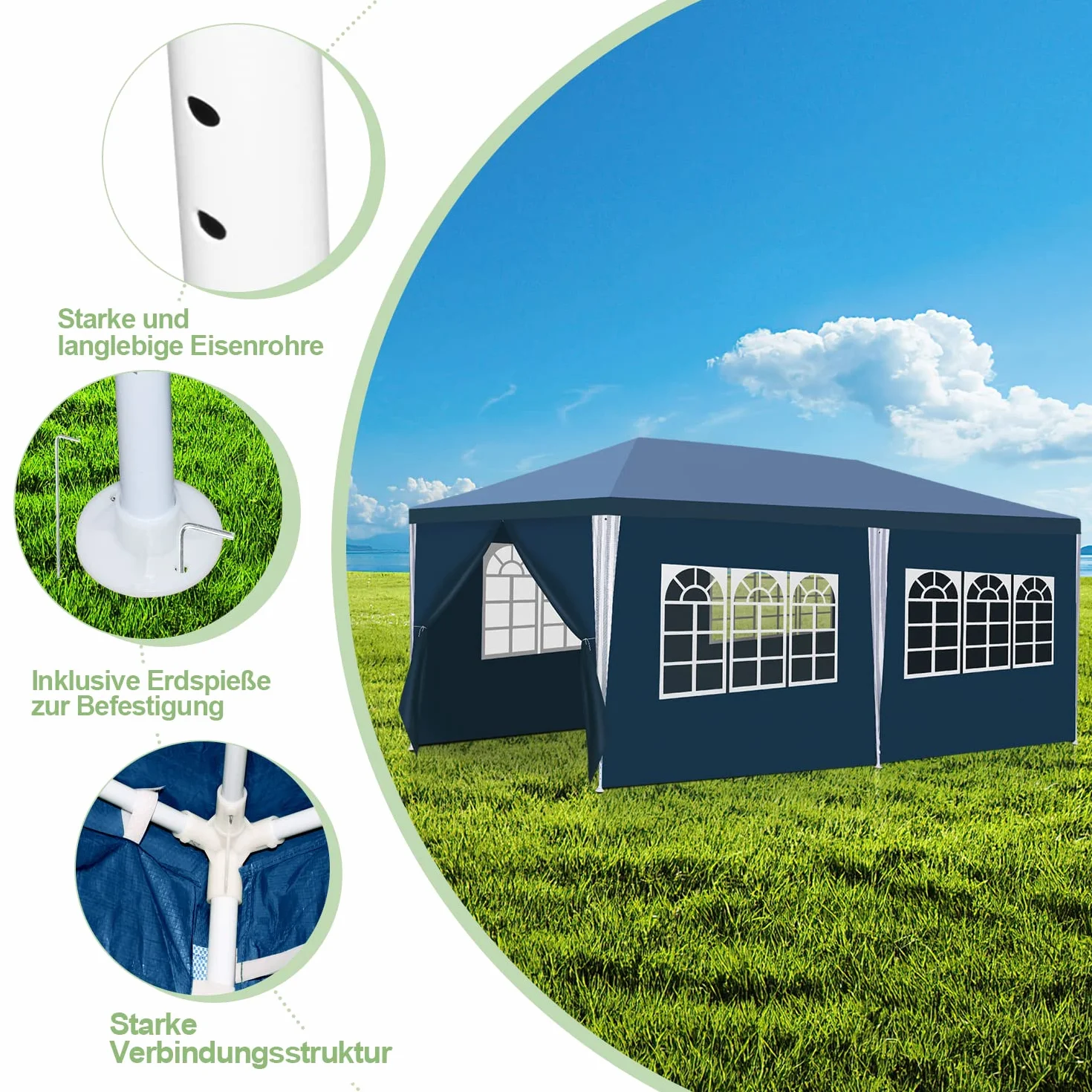 Pawilon 3 x 6 m, wodoszczelny, stabilny namiot imprezowy, wysokiej jakości plandeka PE, namiot biesiadny, odporny na działanie promieni UV, namiot ogrodowy, 100 g/m², namiot piwny z 6 częściami