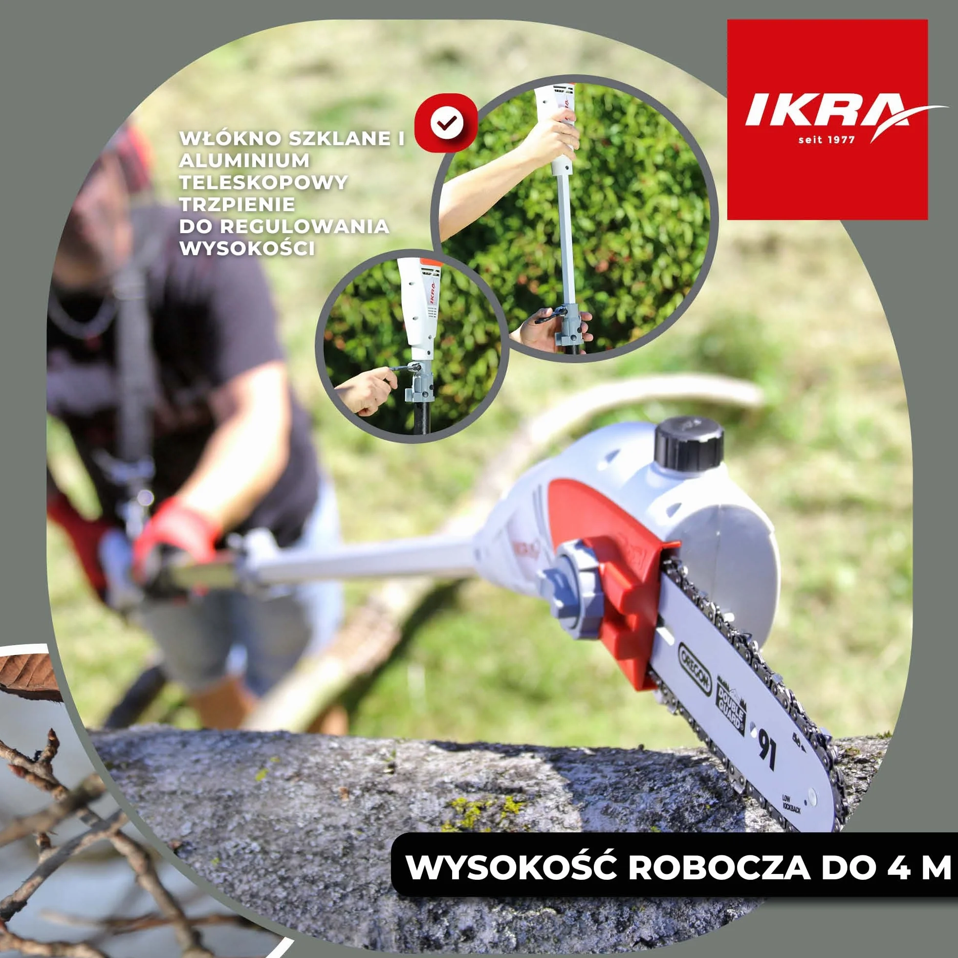 IKRA pilarka łańcuchowa teleskopowa elektryczny IEAS 750, wysokość robocza 4 m, 750 W, w zestawie 2x łańcuchy tnące i pasek na ramię