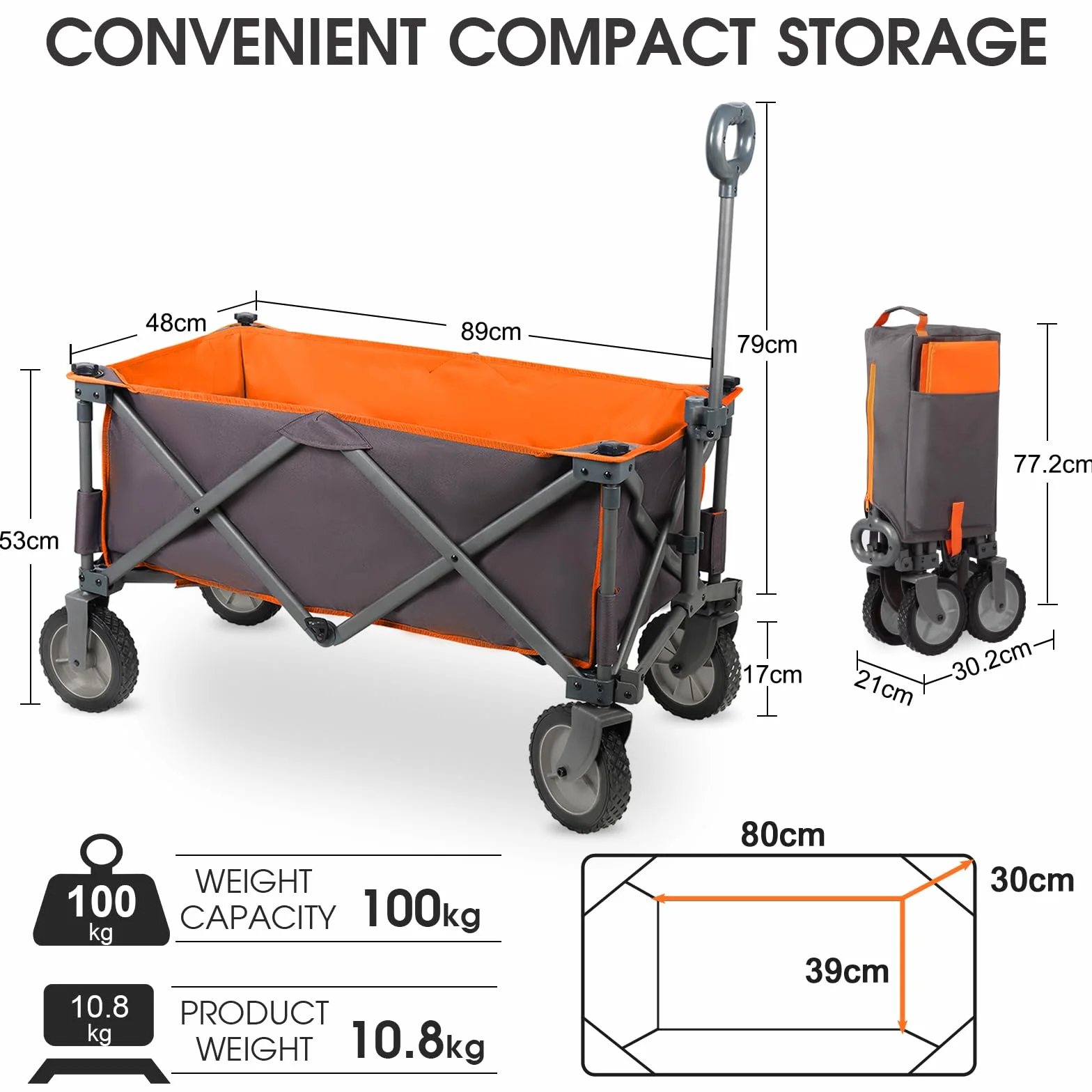 PORTAL składany wózek, zewnętrzny, ze zdejmowaną tkaniną, święta, ogród, kemping, piknik, wózek do maks. 80 kg, przenośna przyczepa transportowa, pomarańczowy