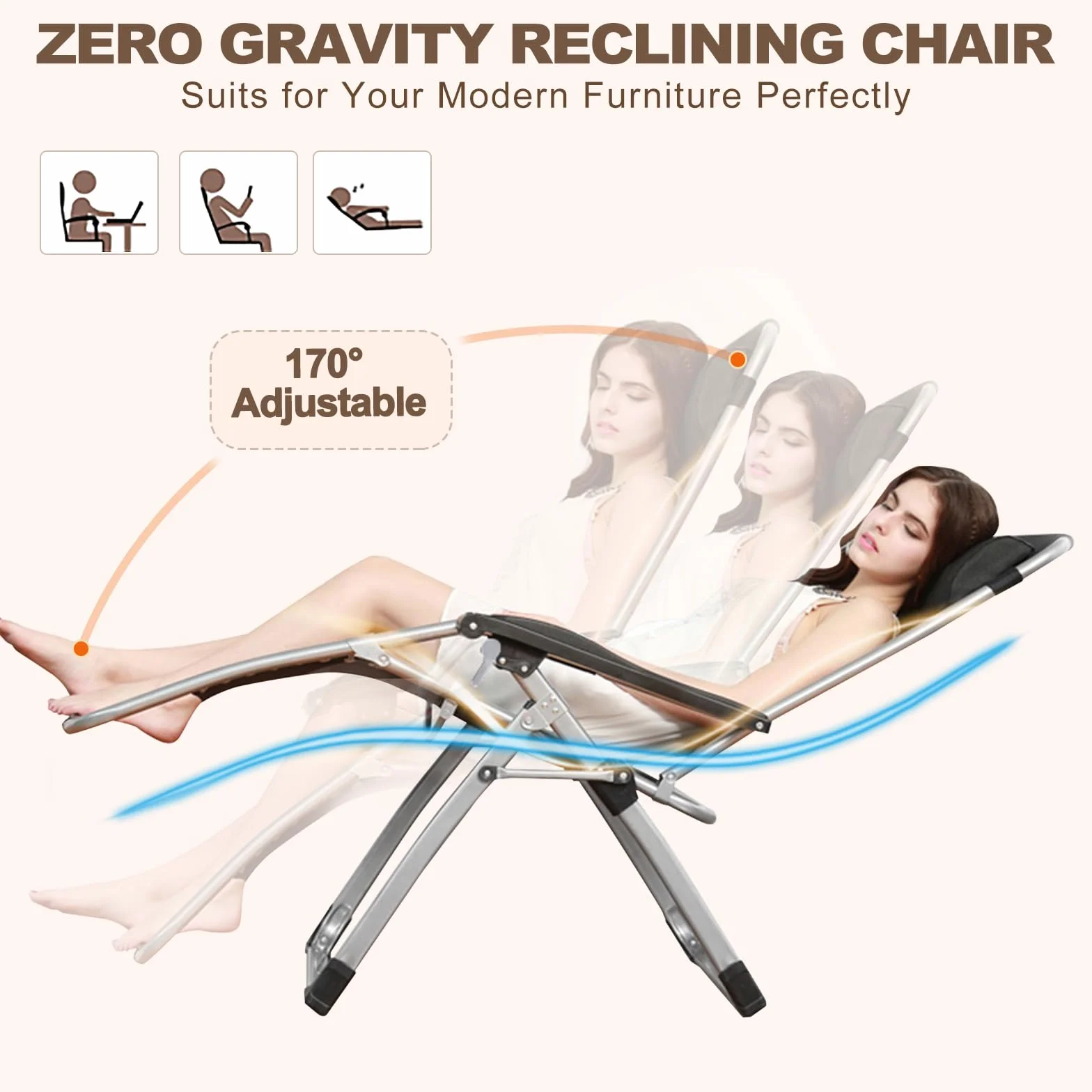 Zero Gravity Leżak składany, udźwig 200 kg, z uchwytem na kubek, bardzo szeroki, regulowany kąt, nadaje się na balkon, plażę, do ogrodu, na kemping