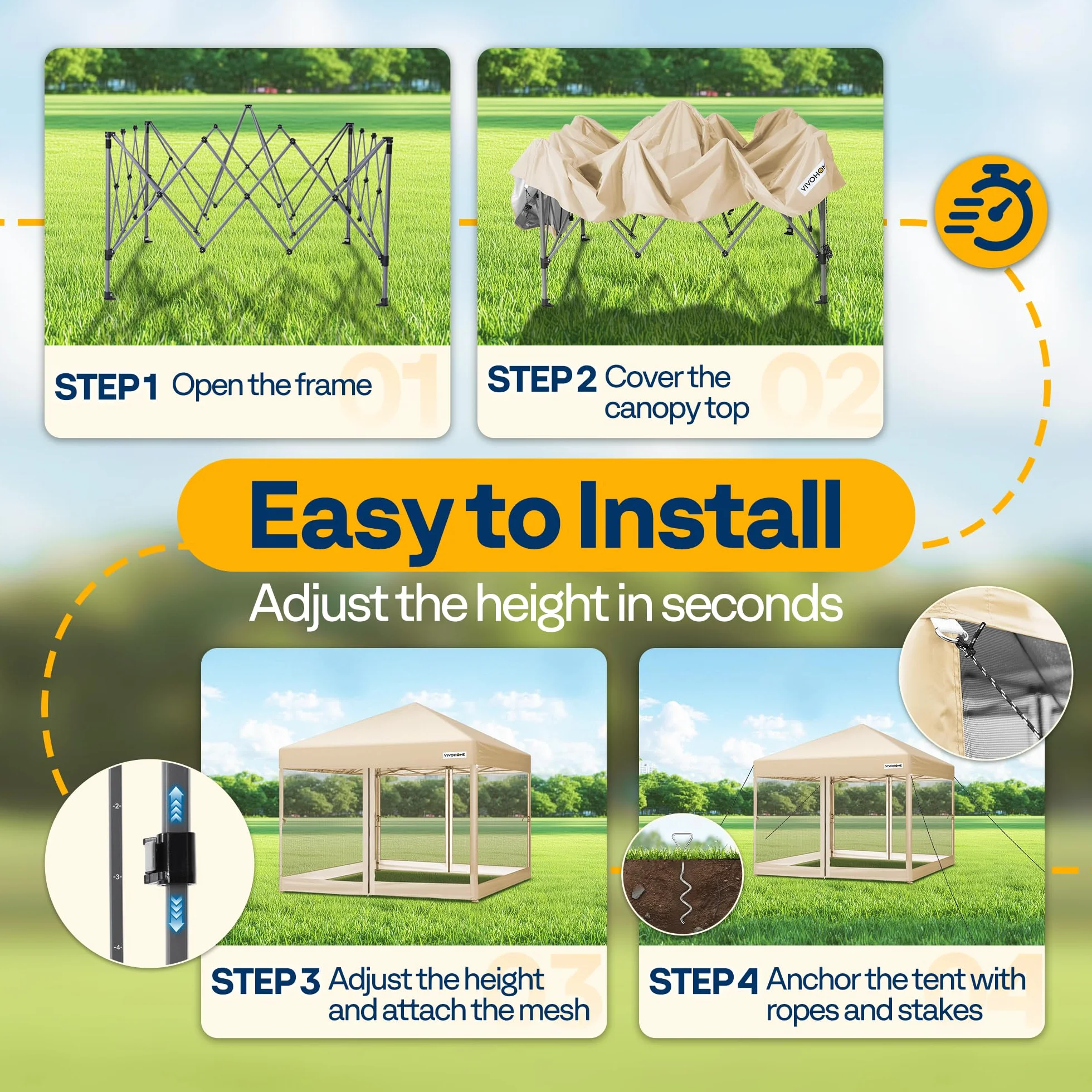 VIVOHOME Altana składana Easy Pop-Up 3x3 m Wodoodporny namiot z moskitierą UV z 2 drzwiami na zamek błyskawiczny i torbą na kółkach na imprezy camping i na zewnątrz