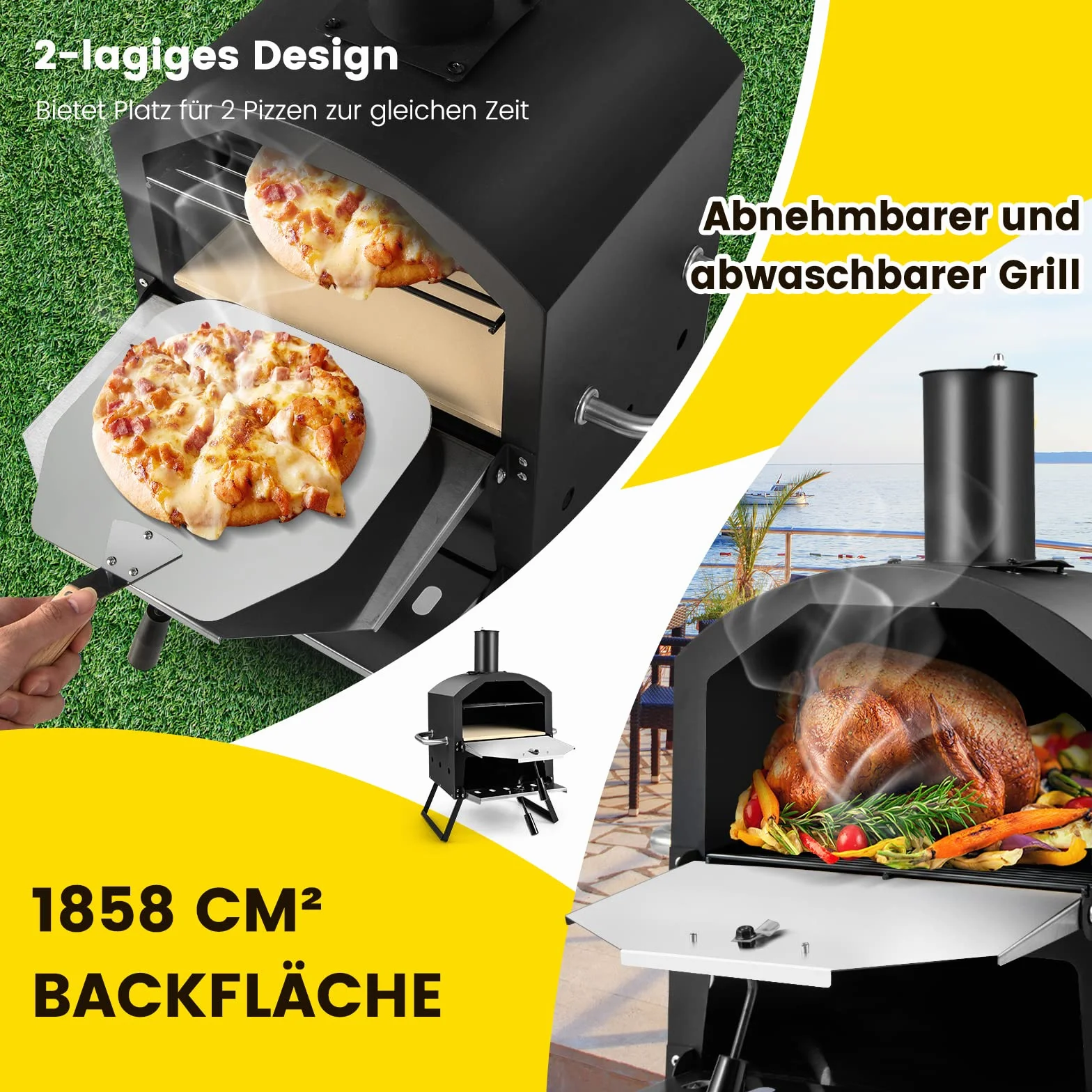 COSTWAY Piec do pizzy na zewnątrz, 2-warstwowy z rusztem grillowym, kamieniem, łopatką i składanymi nogami