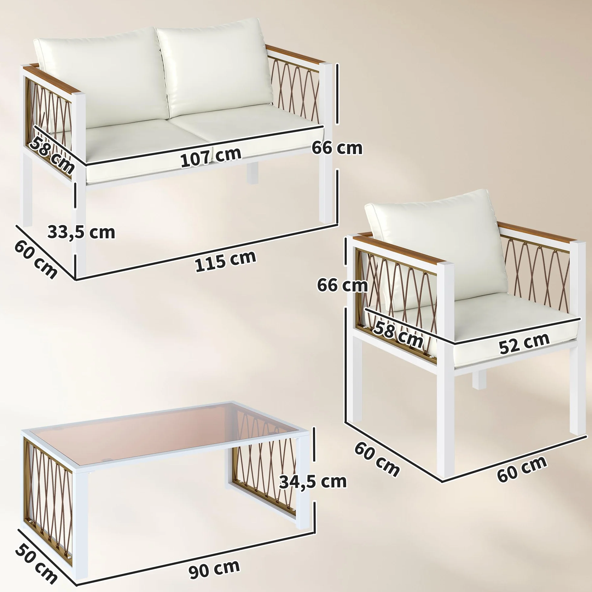 Outsunny 4-częściowy zestaw mebli ogrodowych z polirattanu, sofa dwuosobowa, 2 fotele, szklany stół, zdejmowane poduszki, antypoślizgowa mata, meble balkonowe dla 4 osób, zestaw siedziskowy do ogrodu