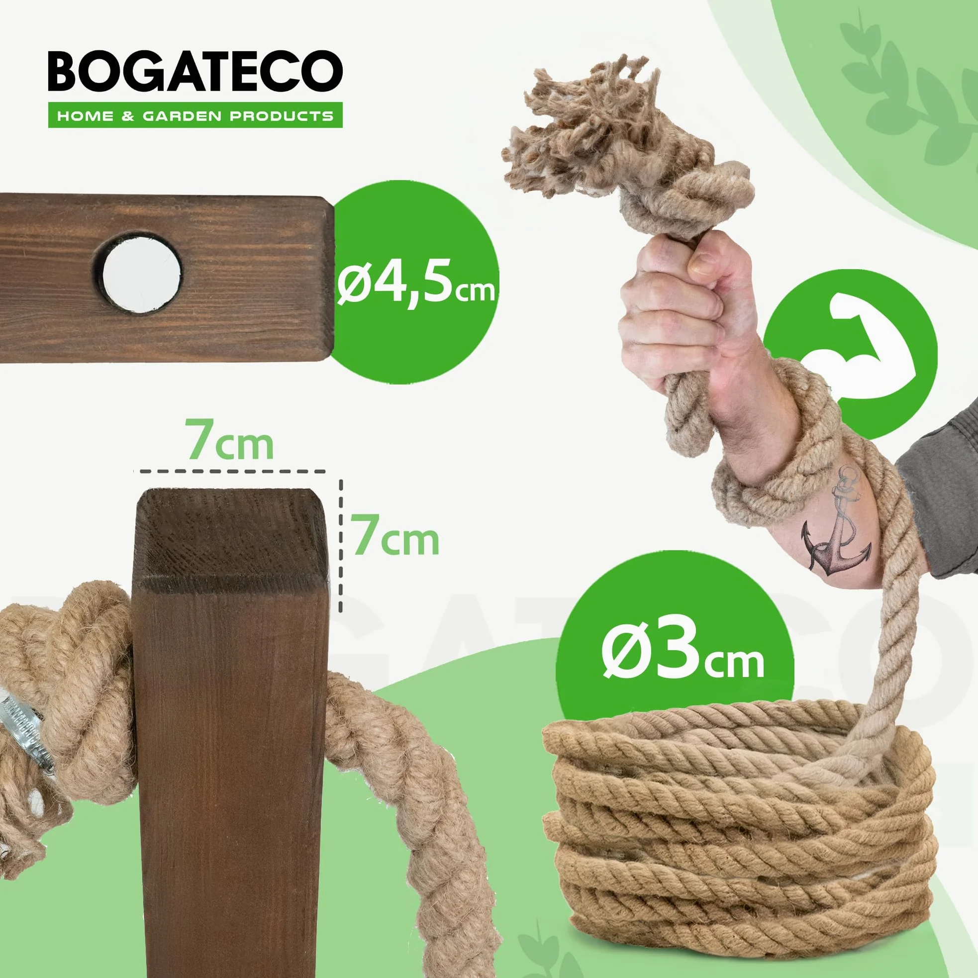 Bogateco Ogrodzenie drewniane, podwójne ogrodzenie linowe, 8 m, kompletny zestaw odgradzający z 2 linami jutowymi 30 mm i drewnianymi słupkami, impregnowane drewno wraz z kotwą podłogową do