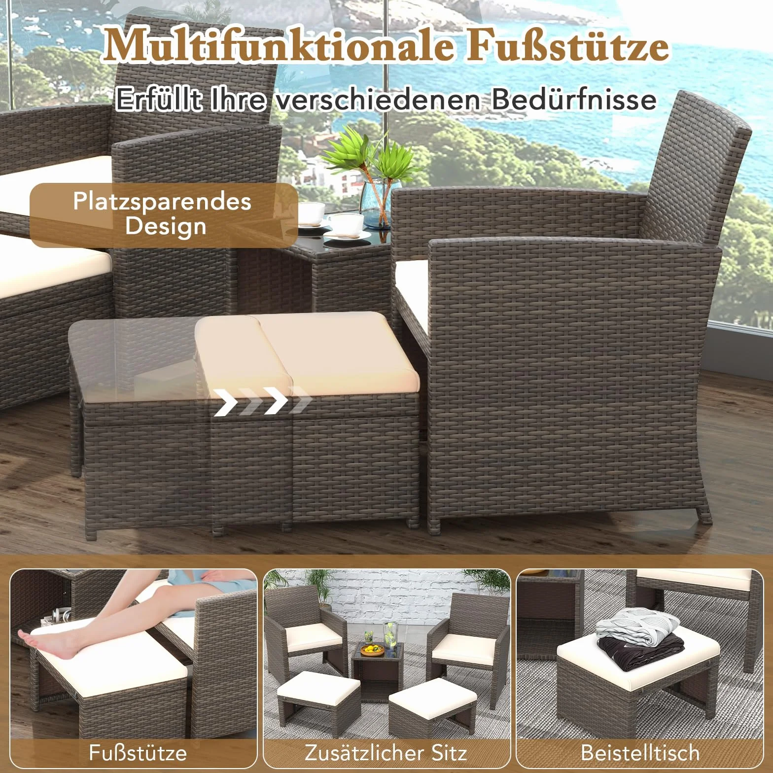 COSTWAY Zestaw mebli ogrodowych rattan 2 krzesła poduszki taboret stół