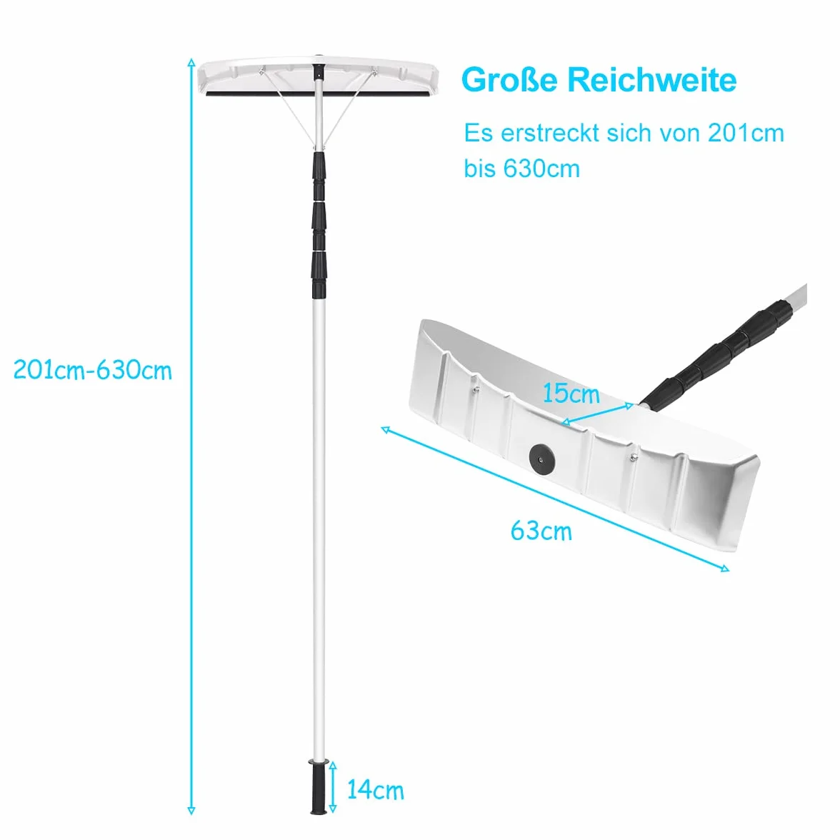 COSTWAY Łopata do śniegu z gumową krawędzią, zakres regulacji 201-630 cm, odśnieżarka z aluminium, odśnieżarka dachowa do instalacji solarnych i dachu