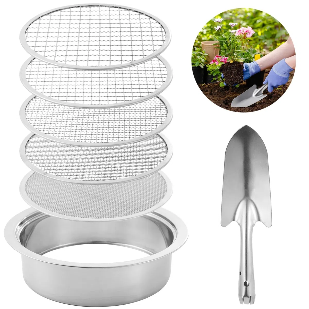 Sifter Dirt, Sifter Rock Sito gleby z piaskiem ze stali nierdzewnej, 5 | 1/3/6/9/12 mm sito doniczki ogrodowe z łopatą, miską do przesiewania w stos