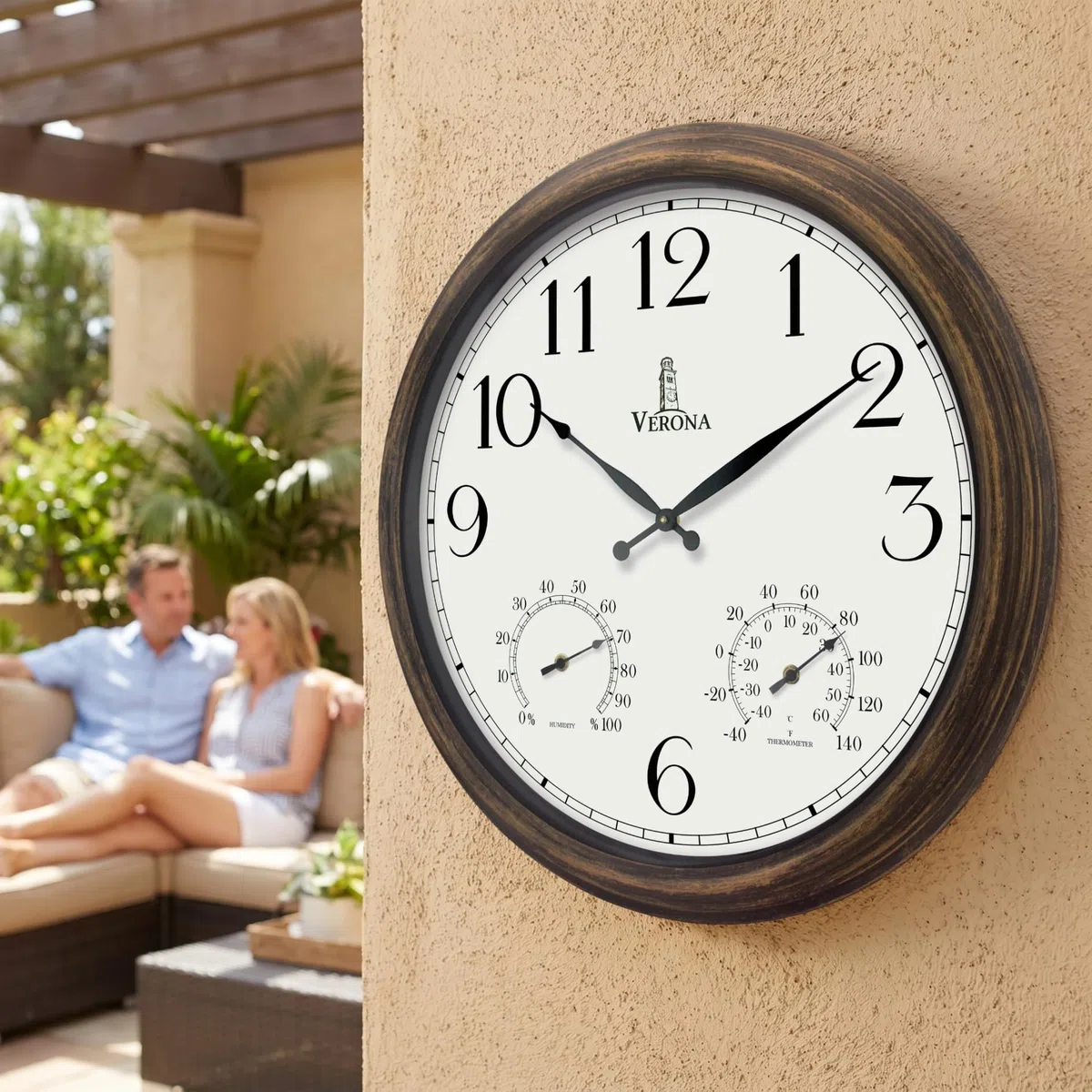 Zegary zewnętrzne na patio, duże, wodoodporne, z termometrem, 45 cm, wewnętrzny, zewnętrzny zegar ścienny z kombinacją temperatury i wilgotności, odporny na warunki atmosferyczne, dokładny i łatwy do
