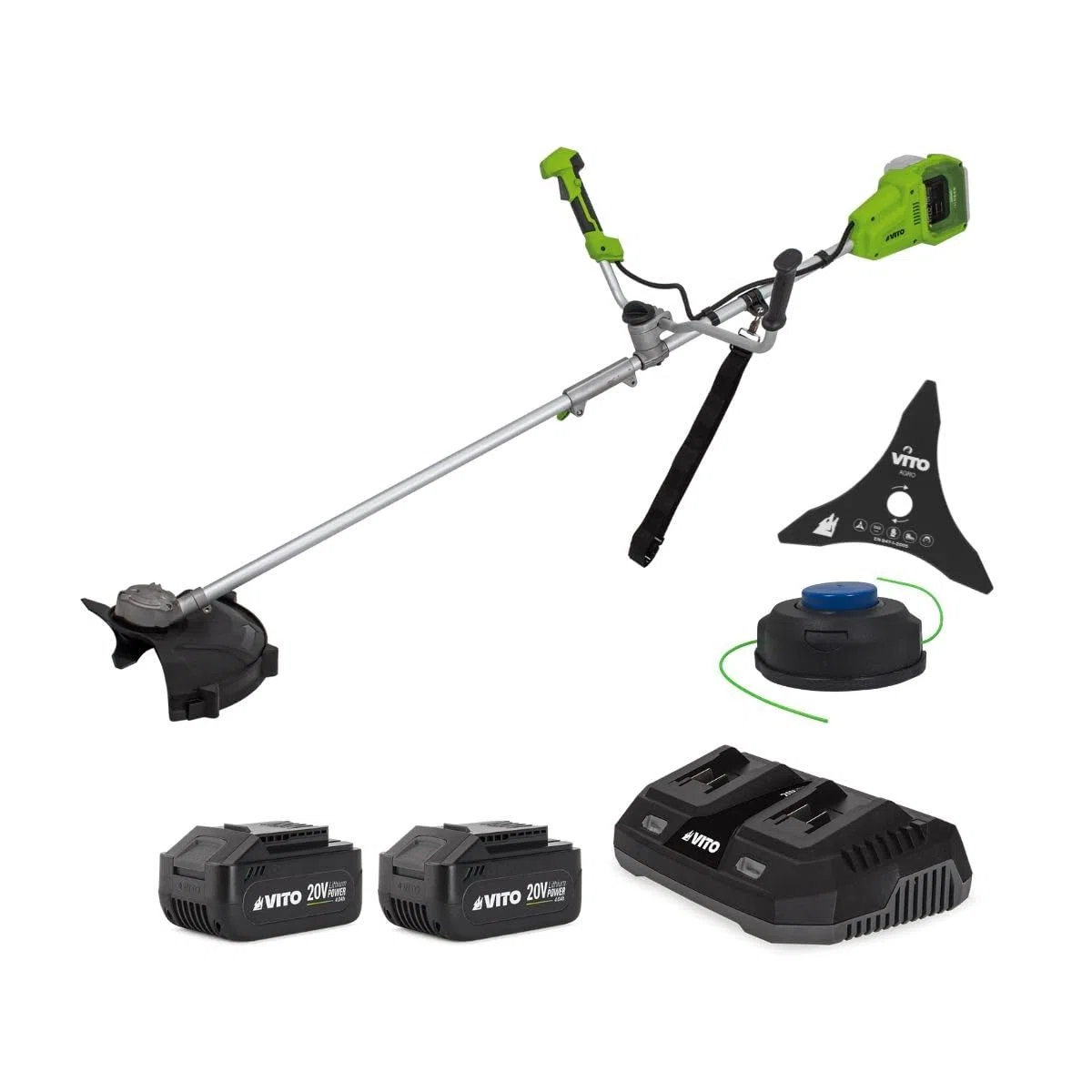 VITO - Bezprzewodowa podkaszarka 40 V + 2 baterie litowe 4Ah Ø 250-350 mm ostrze i drut nylonowy + podwójna szybka ładowarka