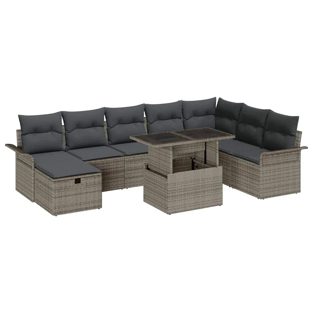 vidaXL Zestaw Sof na Ogród z poduszką 9 pcs Szary Polirattan, Zestaw sofy na dwór, nowoczesny, modułowy, odporny na UV, z możliwością regulacji, idealny na lato