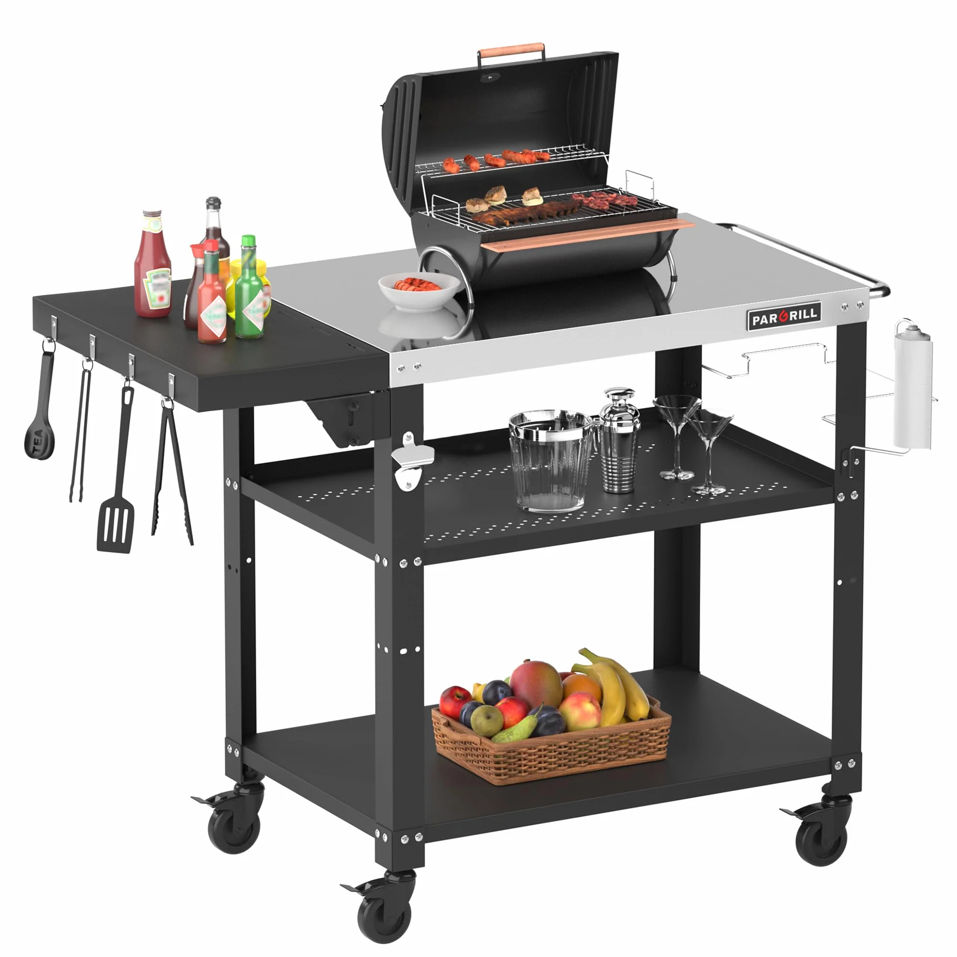 PARGRILL Wózek Grillowy Mobilny 3 Poziomy Składany Stolik Boczny Kółka Obrotowe 360° Hamulec Stół Ogrodowy Stal Nierdzewna BBQ