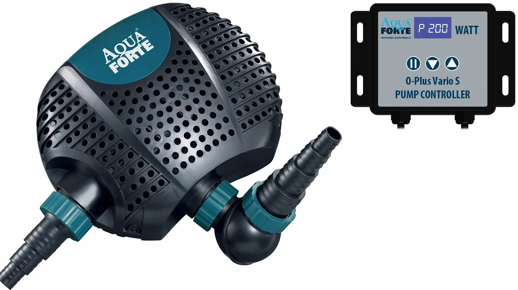 AquaForte O-Plus Vario 10 000 S, przepływ 6-10 m³/h, wysokość tłoczenia 5,5 m, 34-85 W, dopływ 1½" + 2", odpływ 2", ochrona przed pracą na sucho