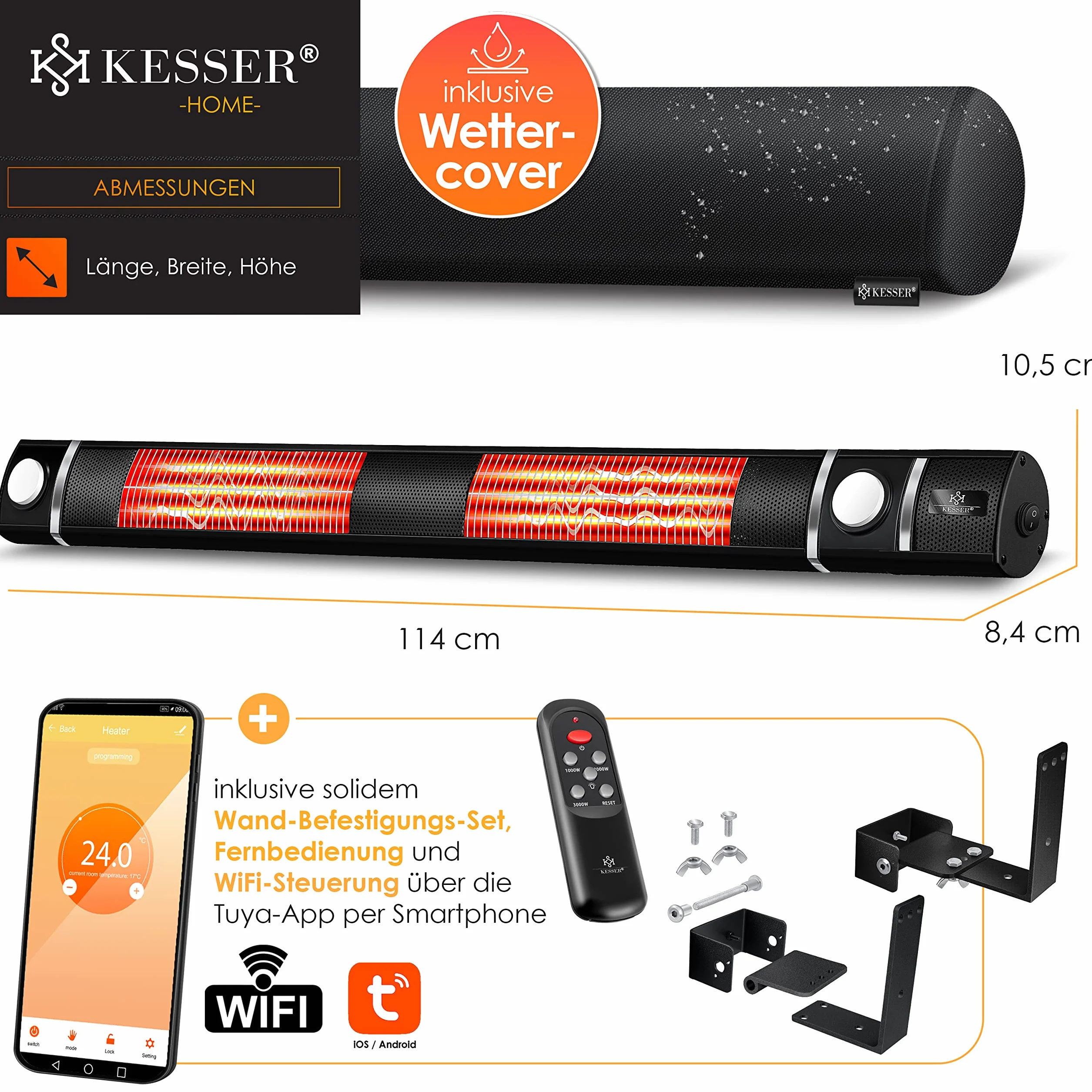 Kesser promiennik na podczerwień 3000 W z reflektorem tarasowym LED WiFi i pilotem