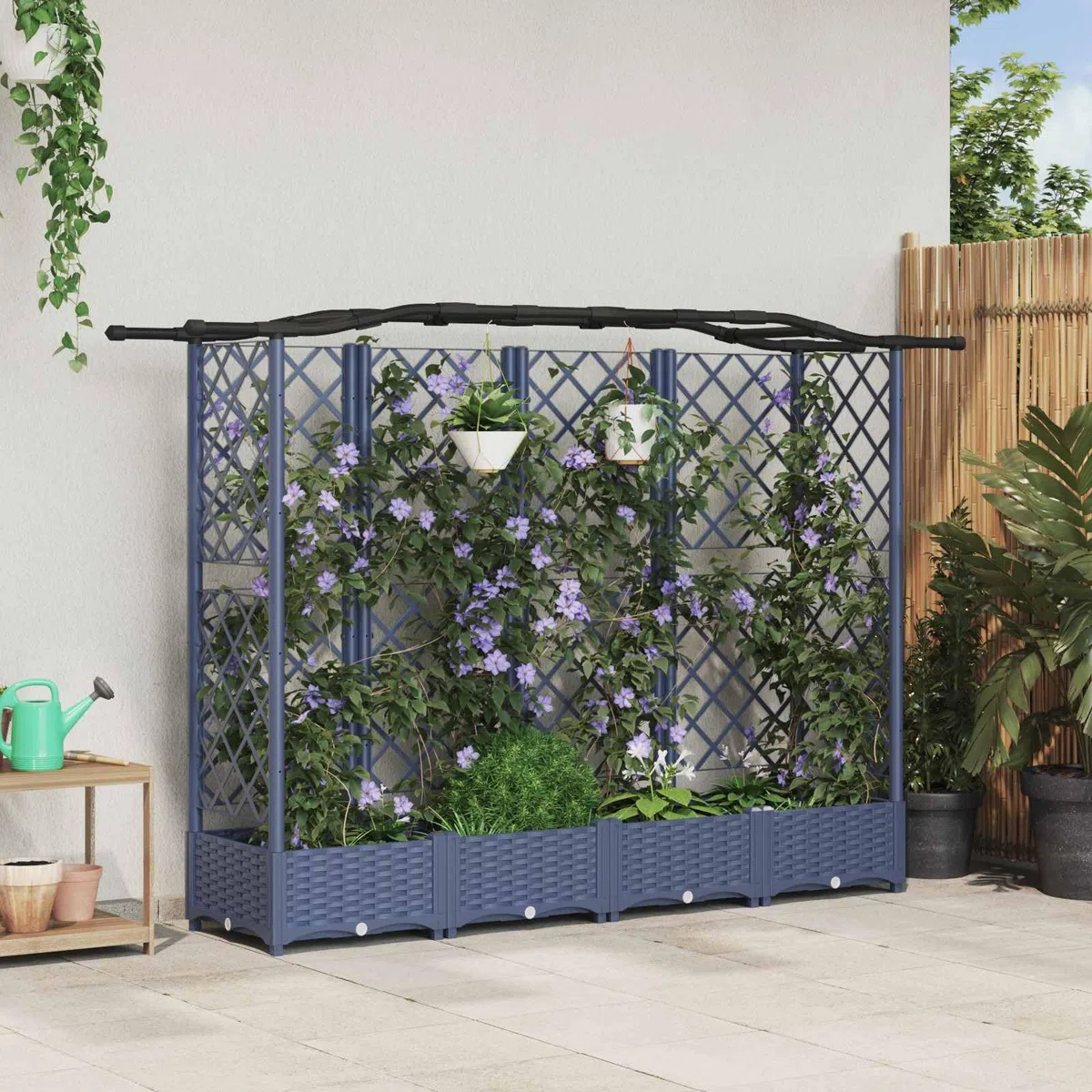 Podwyższone łóżko Polipropylen Szary 203,5 x 40 x 125 cm | Z kratą i dachem, zintegrowany drenaż, do pnącza, patio lub balkonu