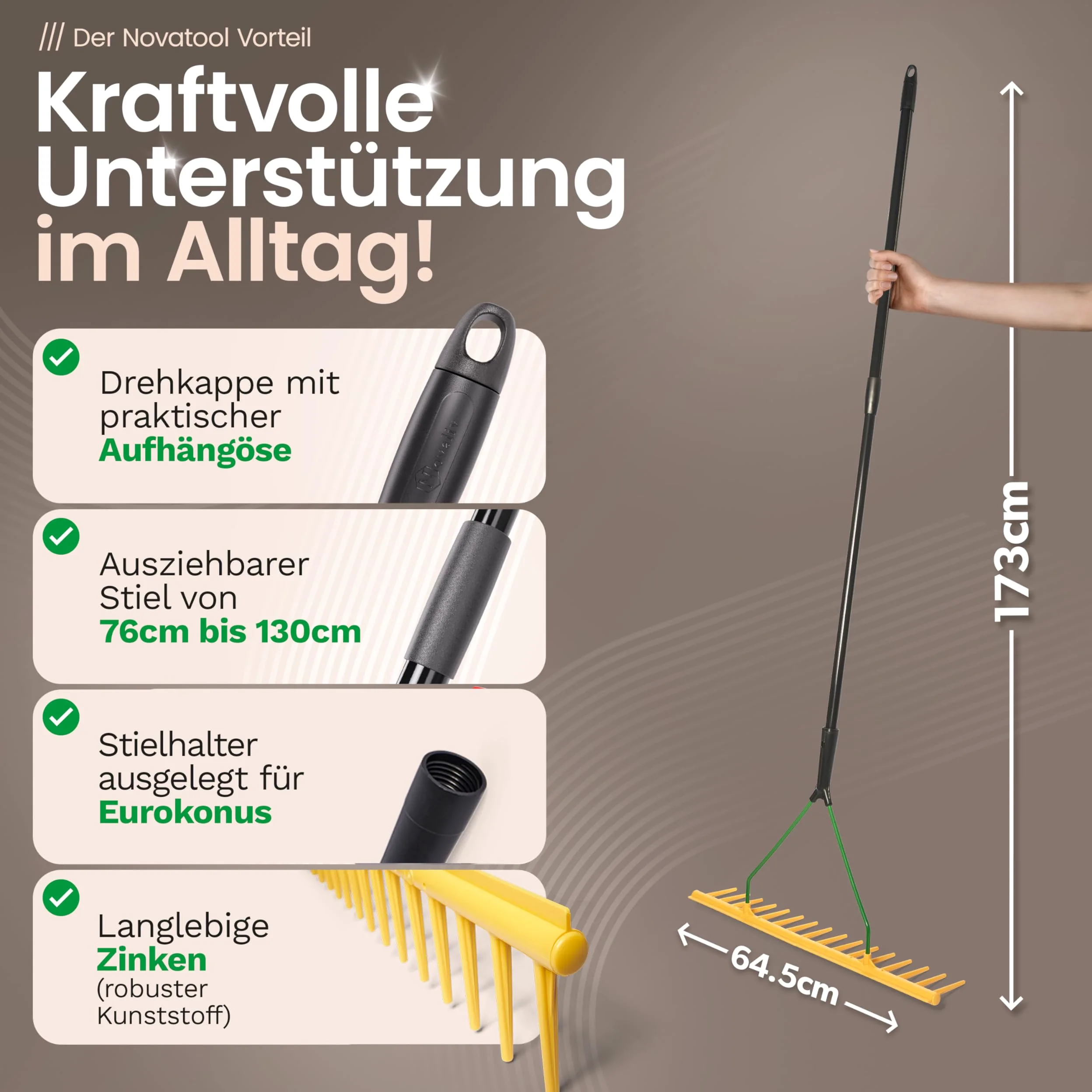 Novatool Zestaw 2 grabi ogrodowych ze zdejmowaną krawędzią, 16 zębów i teleskopowym trzonkiem do 152 cm, szerokość robocza 64,5 cm, grabie z tworzywa sztucznego i metalu, zbieracz liści do ogrodu,