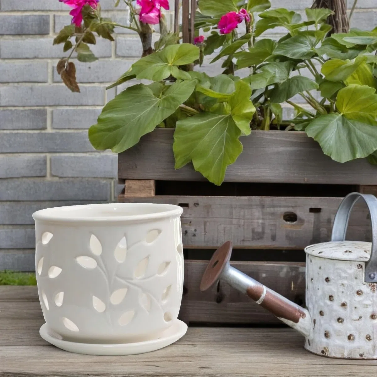 ORFOFE Biały Ceramiczny Doniczka z Otworami i Tacą Oddychający Pojemnik Storczyki Sukulenty i Kaktusy Do Domu Biura i Ogrodu Łatwy Utrzymaniu