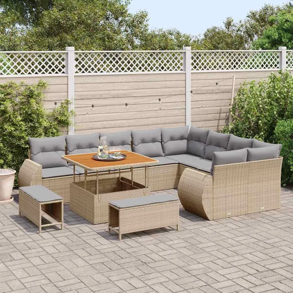 Zestaw Sof Ogrodowych Rattan 12 Elementów Beżowy Jasnoszary Modułowe Meble Tarasowe Narożnik z Poduszkami 298 cm Stół Ogrodowy