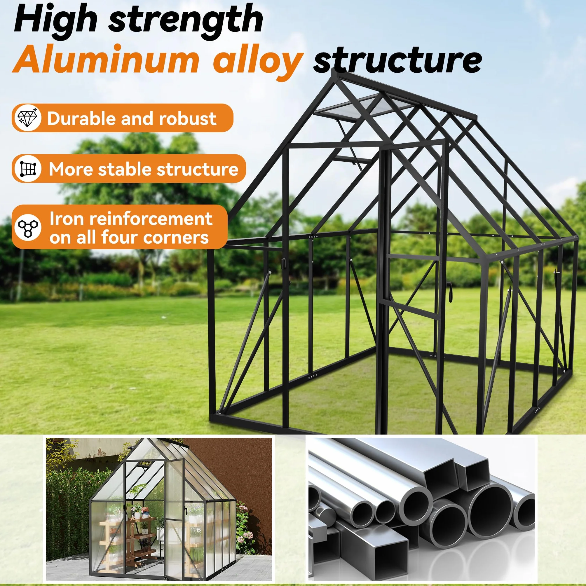 Froadp Szklarnia z aluminium z fundamentem, 230 x 180 x 195 cm, szklarnia ogrodowa 4 mm, płyty komorowe PC, odporna na warunki atmosferyczne, szklarnia na pomidory z oknami, do ogrodu i hodowli
