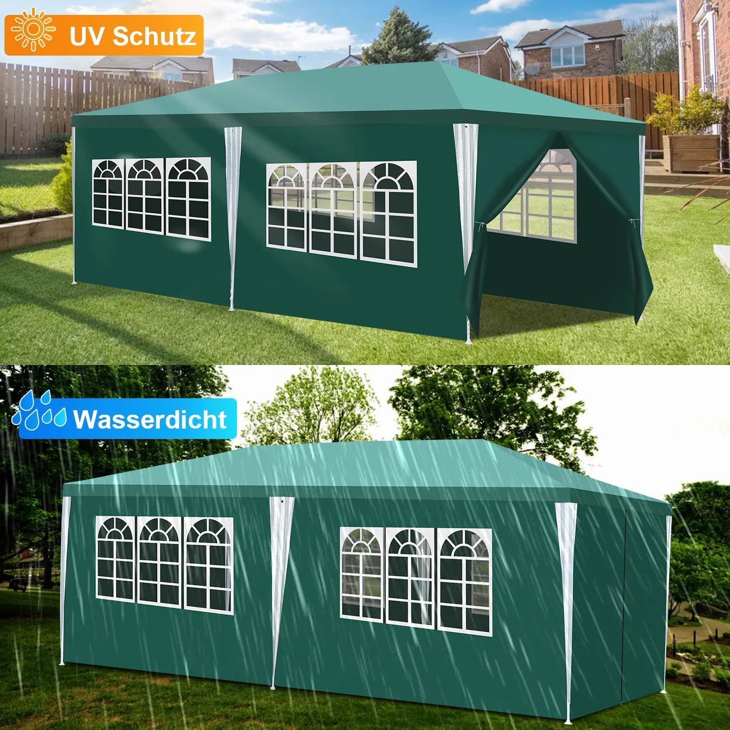 Daromigo Pawilon ogrodowy, 3 x 6 m, wodoszczelny, zielony, namiot ogrodowy, namiot imprezowy, ochrona przed promieniowaniem UV, z częściami bocznymi i dużymi oknami, stabilny, odporny na zimę, na