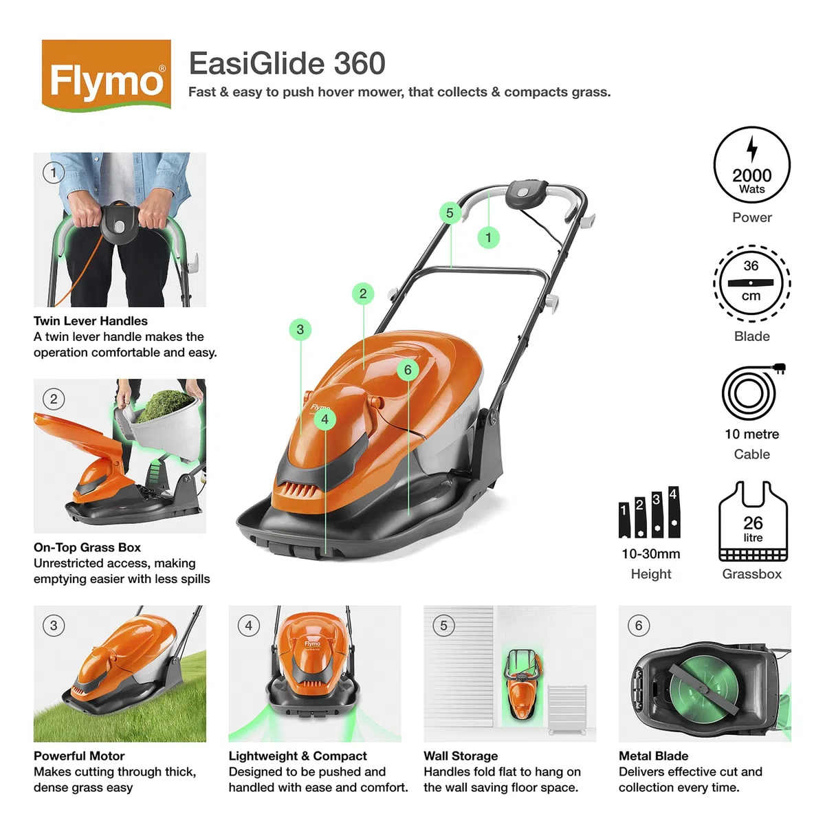 Flymo EasiGlide 360 Hover Collect kosiarka do trawy – silnik 1800 W, szerokość koszenia 36 cm, skrzynka na trawę 26 l, płasko złożona, długość kabla 10 m, pomarańczowy i szary