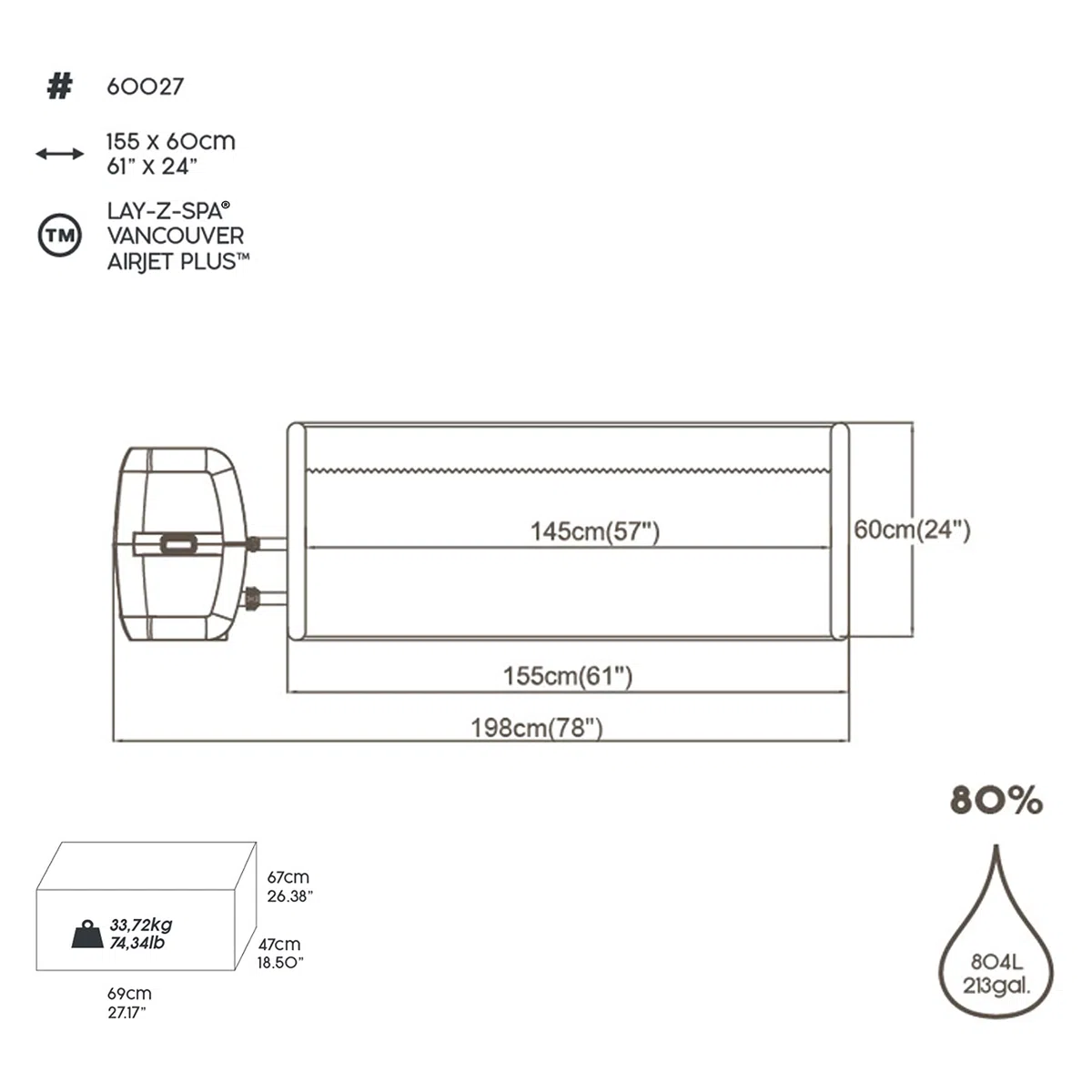 Bestway Lay-Z-Spa® 61"X24"/1.55M X 60Cm Vancouver Airjet Plus