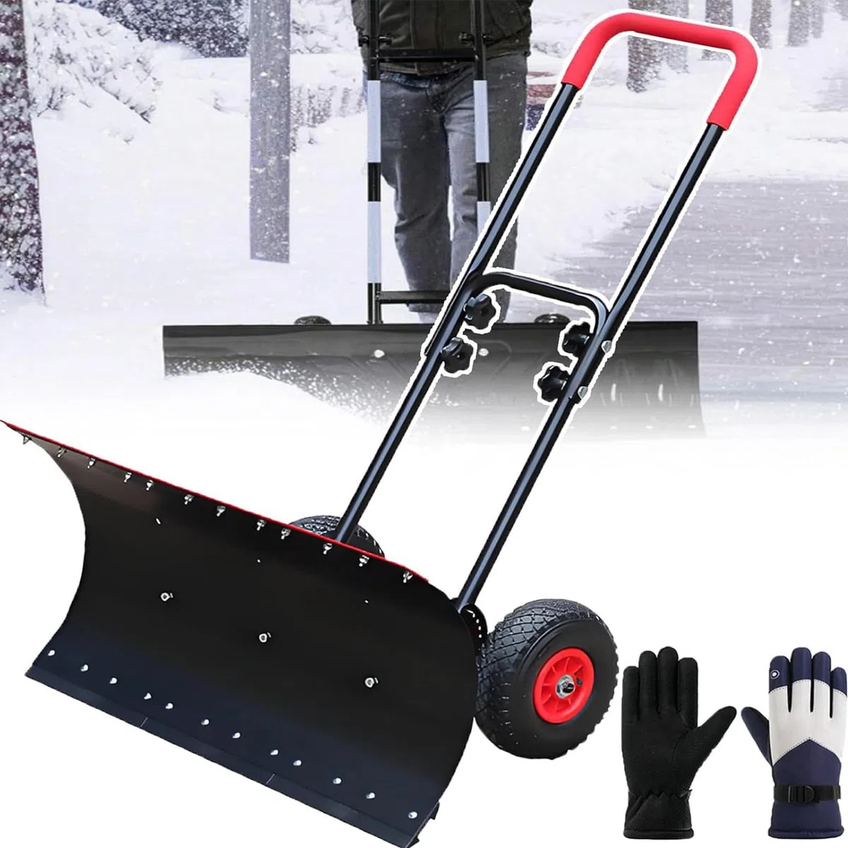 Łopata do śniegu na podjazd, 42 cm, z antypoślizgowymi kółkami, regulowana 360°, do chodnika i narzędzia do usuwania lodu