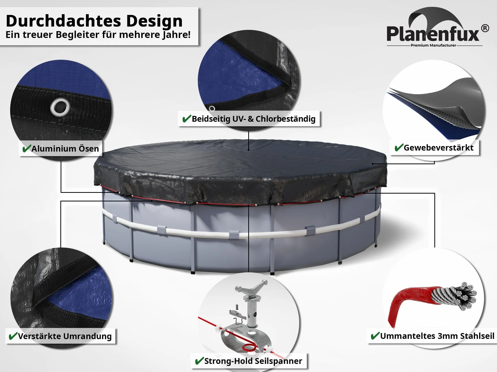 Planenfux® Okrągła osłona basenu 550 cm (do basenów o średnicy 500-550 cm), 2 w 1, wykonana z materiału PE o gramaturze 200 g/m², plandeka solarna na lato i zimę, Ø 610 cm, okrągła osłona basenu