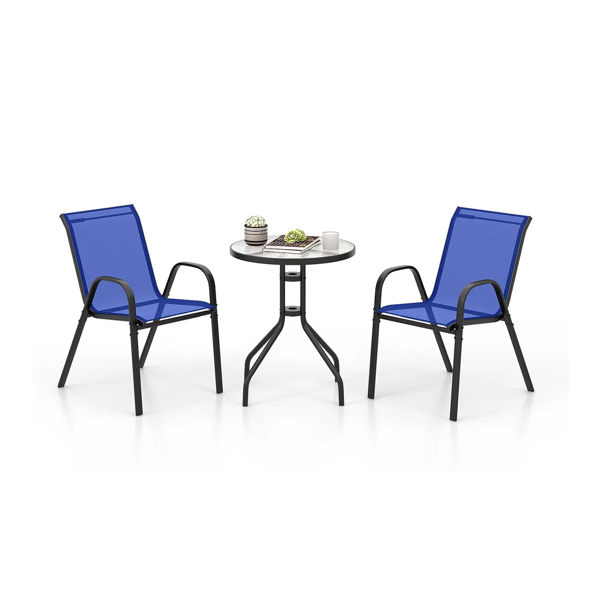 GOPLUS 3-częściowy zestaw mebli bistro, średnica stołu Ø60 cm, stół bistro z 2 składanymi krzesłami, meble balkonowe w zestawie ze szklanym stołem i krzesłami bistro, zestaw mebli ogrodowych na balkon
