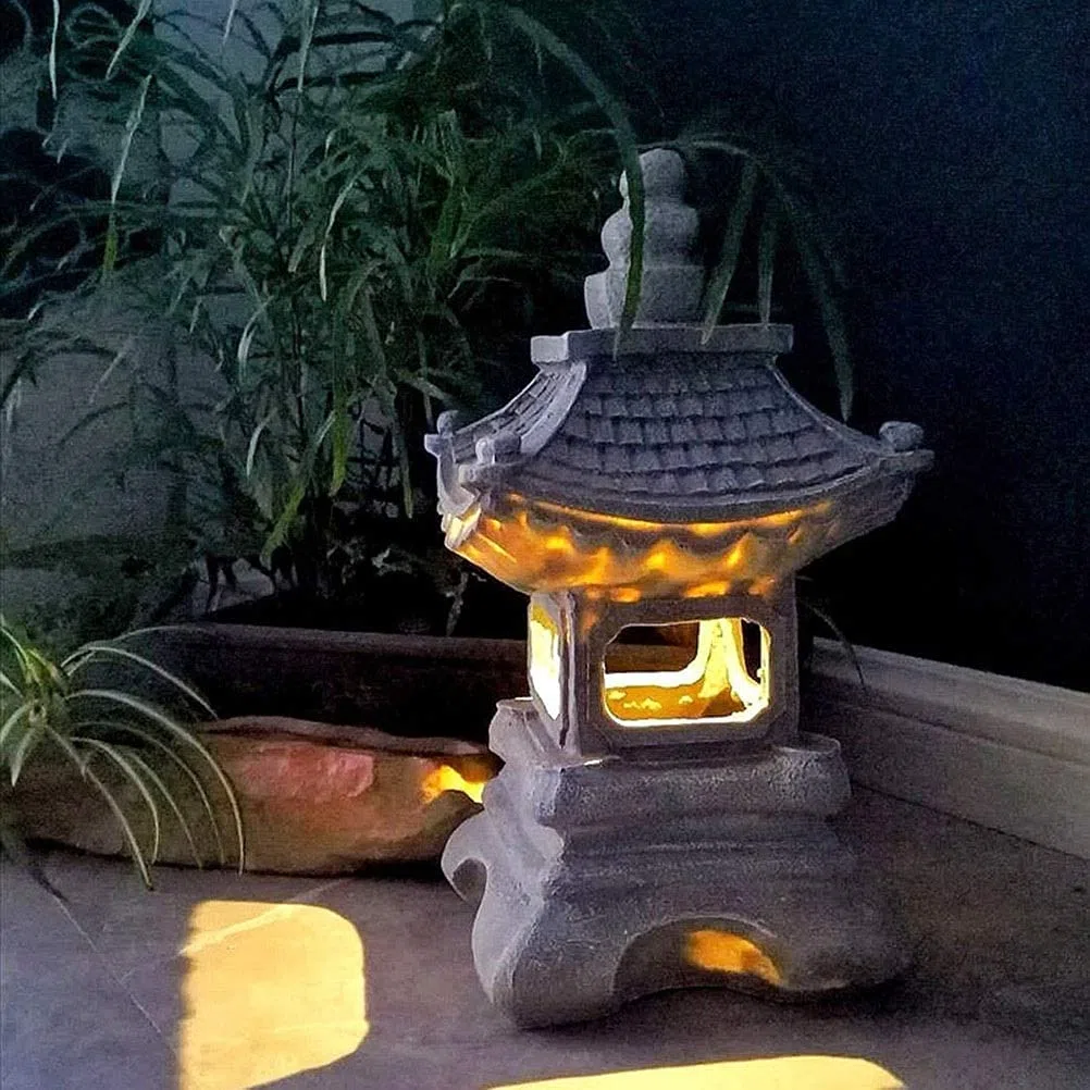 Rzeźba ogrodowa 33,4 cm mała pagoda ogrodowa latarnia solarna lampa, japoński styl zewnętrzny stupa statuetka zen sztuka orientalna rzeźba trawnika