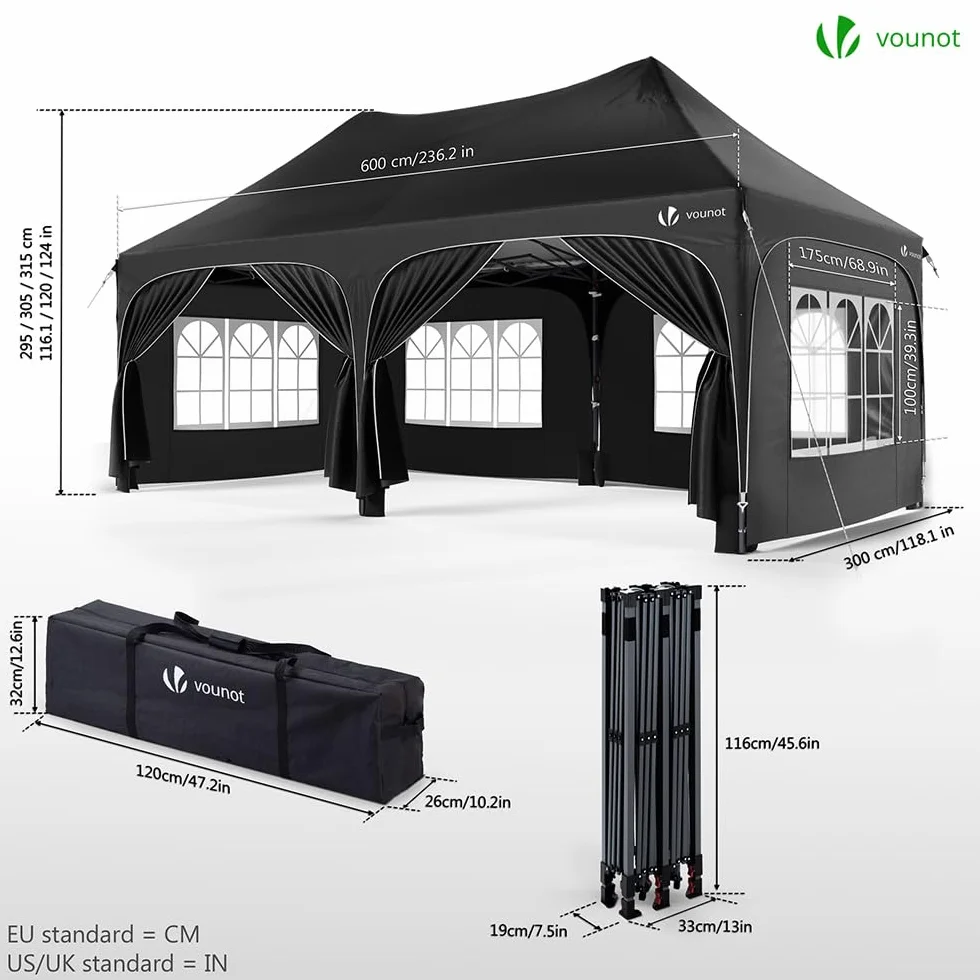 VOUNOT Składany pawilon ogrodowy na zewnątrz, 3 x 6 m, z 6 zdejmowanymi ścianami i 6 workami z piaskiem, wodoodporny i odporny na promieniowanie UV, na kemping, festiwal, ślub, torba do przenoszenia,