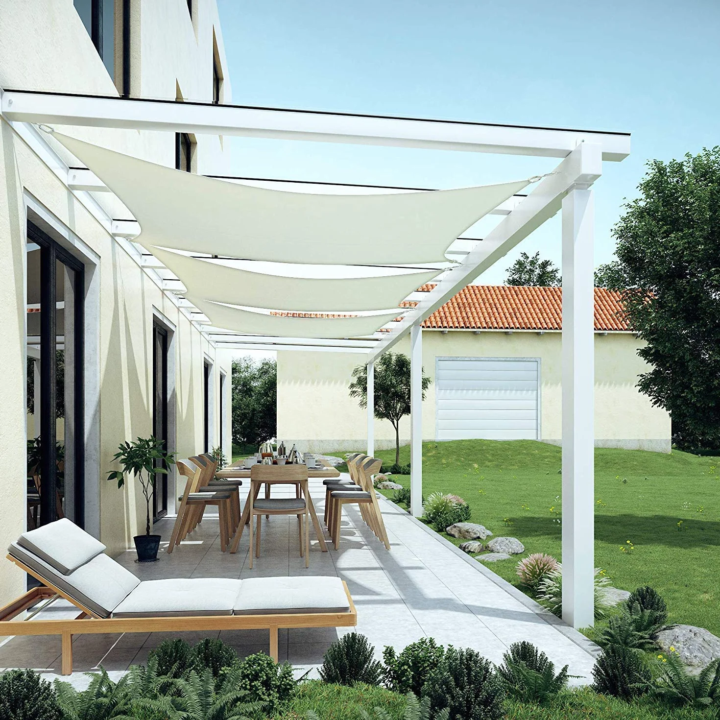 Prostokątny żagiel przeciwsłoneczny 3,5 x 7 m, ochrona przed promieniowaniem UV, zewnętrzny baldachim ze stali nierdzewnej, akcesoria do basenów, na patio, imprezy, białe rozwiązania przeciwsłoneczne