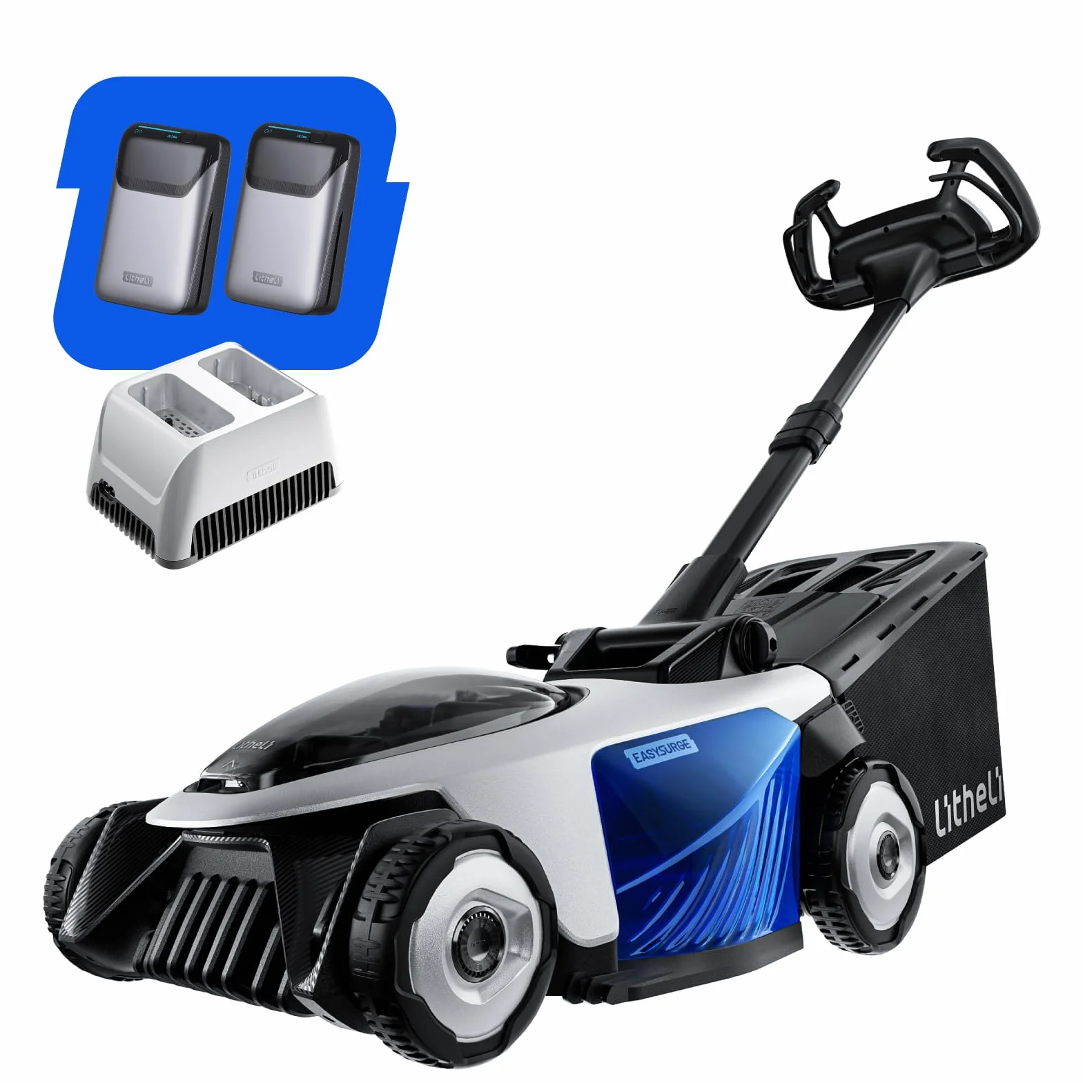 Litheli EASysurge akumulatorowa kosiarka do trawy 43 cm, 2 x bateria 20 V 4,0 Ah, napęd własny (2,2 – 4,7 km/h), regulowana wysokość 25-75 mm, worek 50 l, do trawników do 500 m²