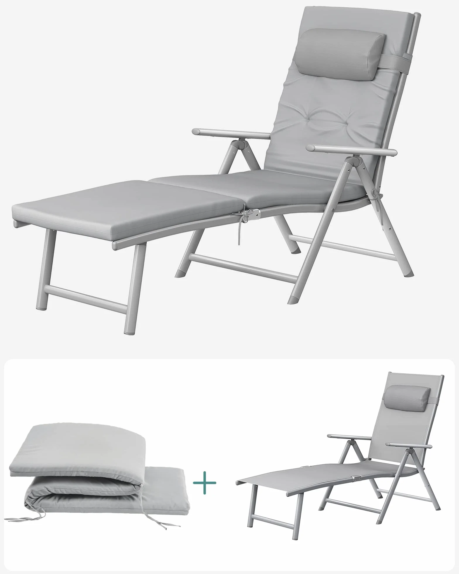 SONGMICS GCB24GY Leżak do opalania składany z materacem 6 cm, aluminium nierdzewne, obciążenie 150 kg, szary