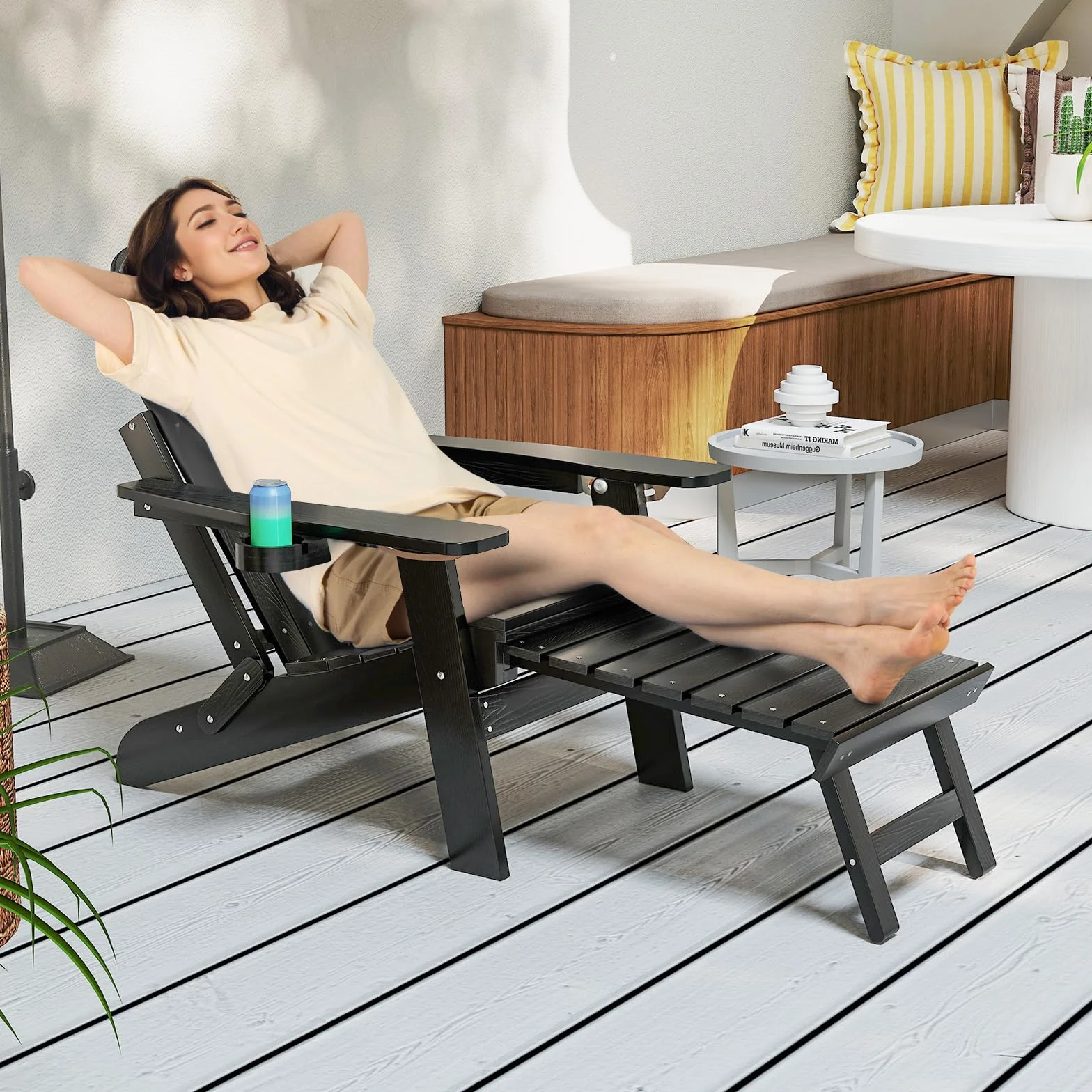 COSTWAY Składane krzesło Adirondack z podnóżkiem i regulowanym oparciem, odporne na warunki atmosferyczne Adirondack Chair z tworzywa sztucznego, fotel ogrodowy z uchwytem na napoje, do ogrodu, na