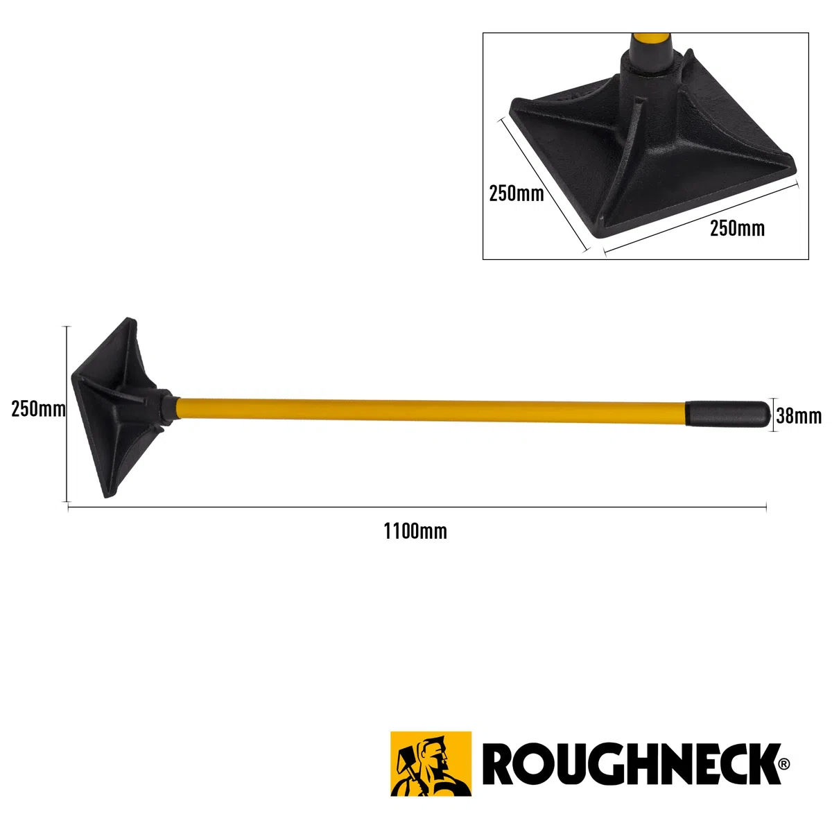 Ubijak budowlany Roughneck ROU64381, ubijak do asfaltu, żwiru, ziemi i piasku – kwadratowy, 250 x 250 mm / 10 x 10 cali
