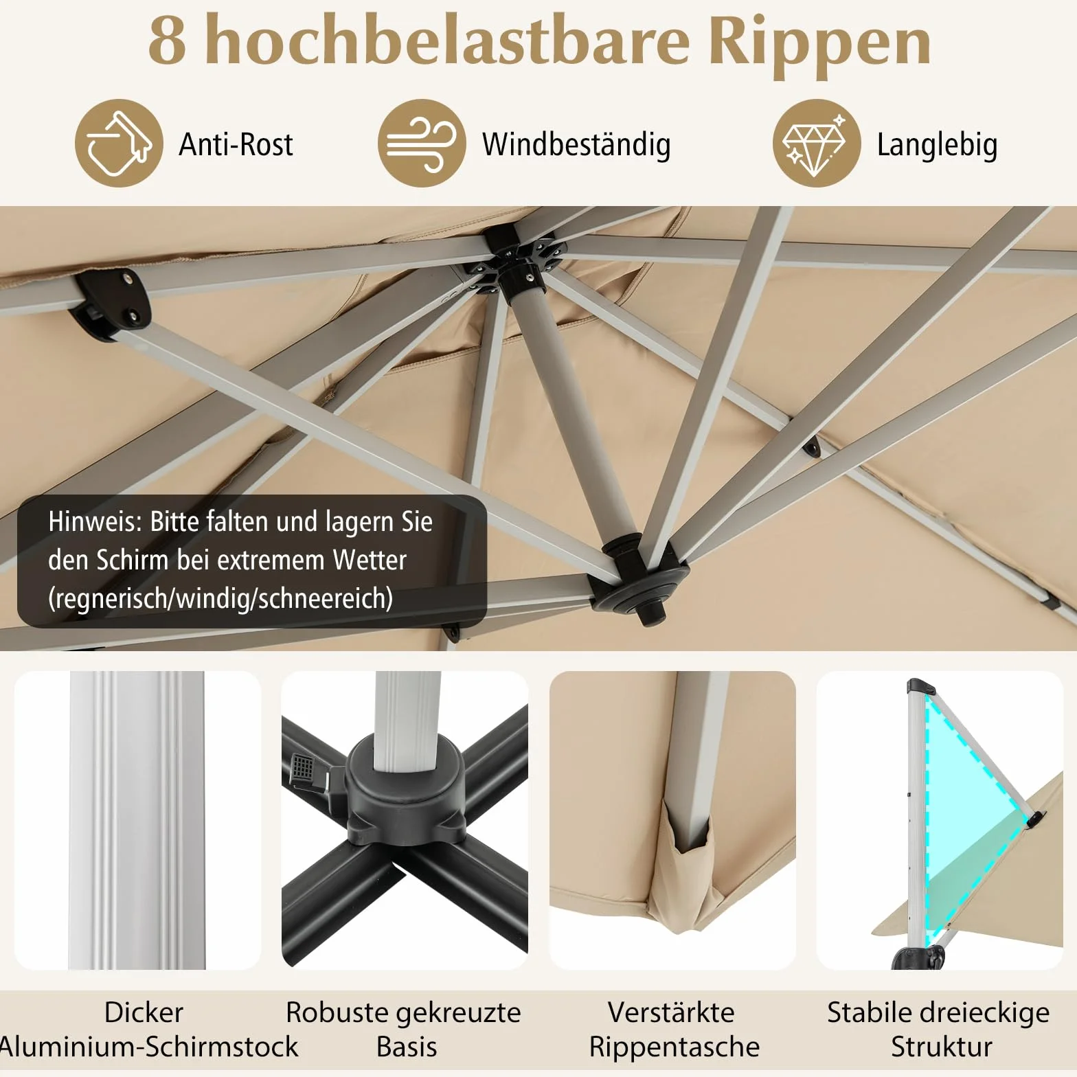 COSTWAY Parasol przeciwsłoneczny prostokątny 300 x 300 cm z korbą odchylany 360° beżowy