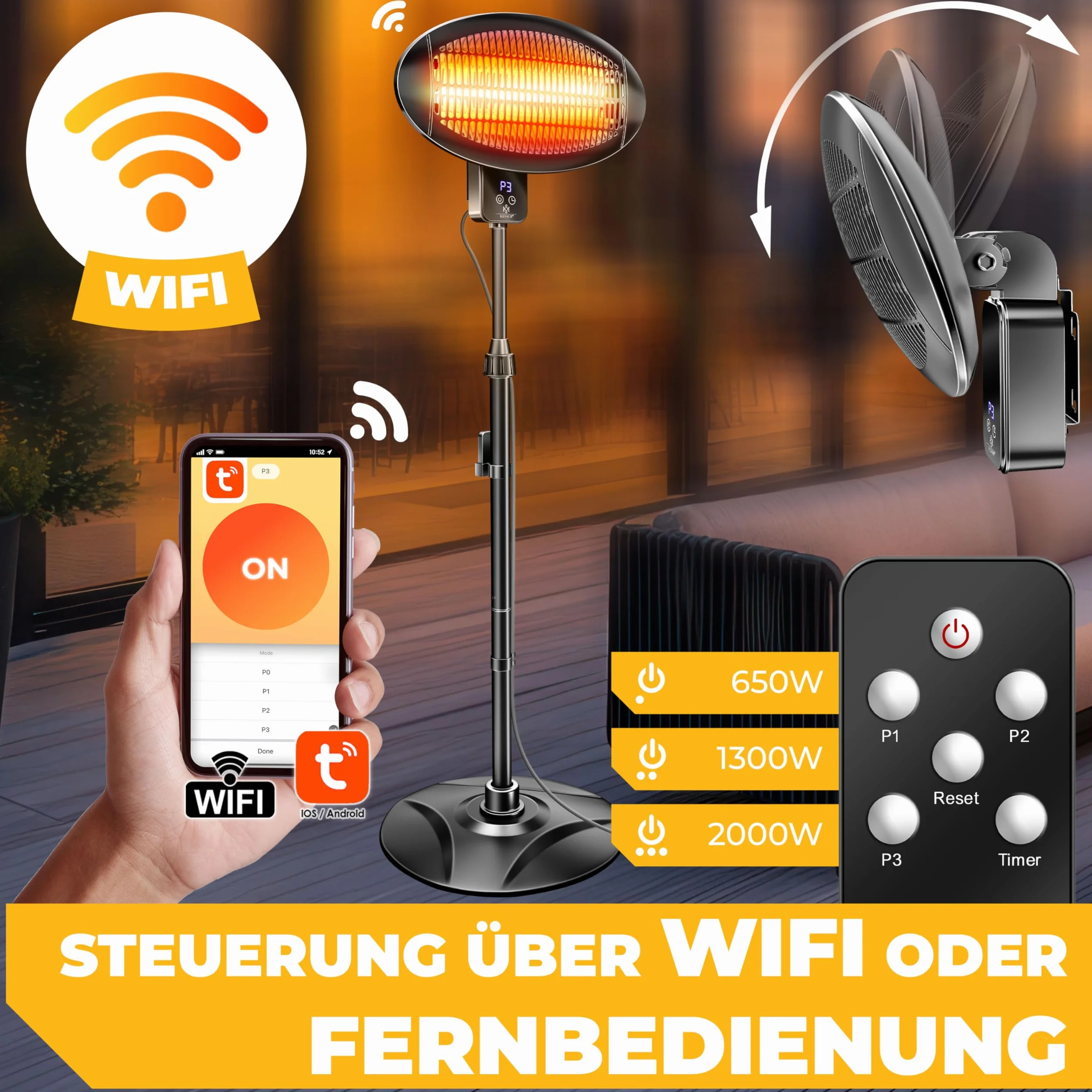 KESSER® Promiennik podczerwieni 2000 W, promiennik tarasowy z WiFi i pilotem zdalnego sterowania, obracany o 360°, regulacja wysokości, stojący i montaż ścienny, ochrona przed przewróceniem, IPX4,