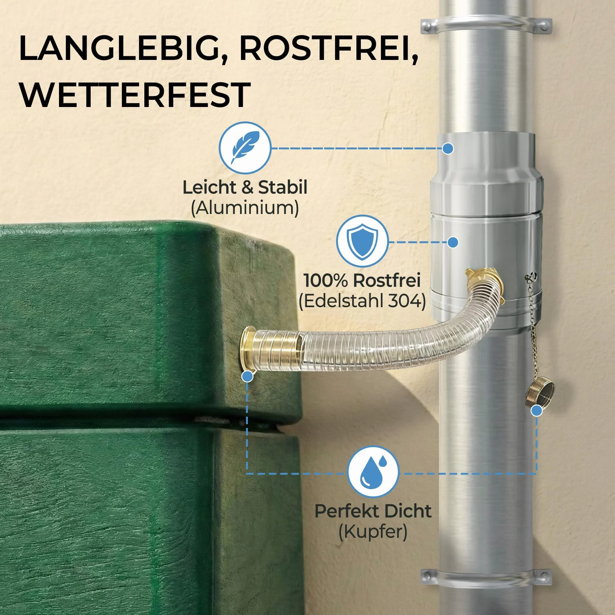 Kolektor deszczówki do rur spustowych 100 mm, Stali Nierdzewnej i Aluminium, Zbieranie wody deszczowej do rury spustowej DN100, z 45 cm Wężem i Złączem do Beczek, Konstrukcja Podwójnej Ściany
