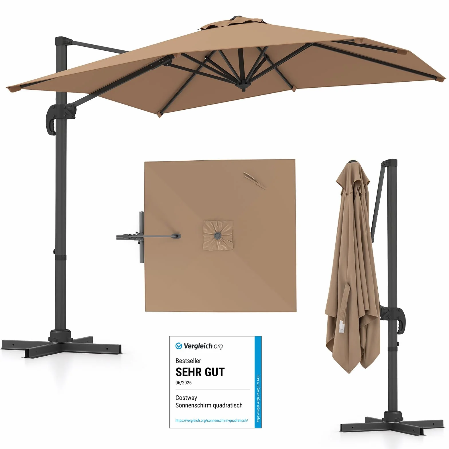 COSTWAY Parasol przeciwsłoneczny prostokątny 250x250 cm z korbą odchylany 360° ogrodowy tarasowy brązowy