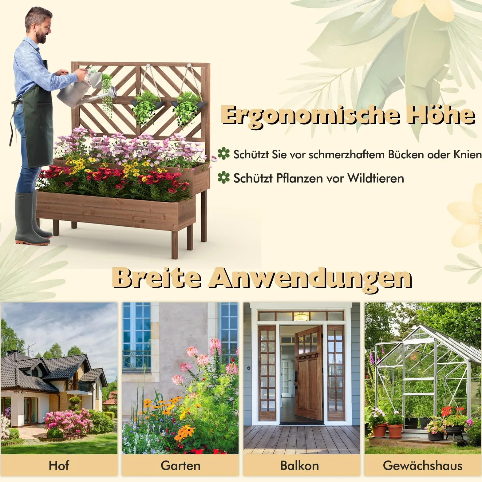 COSTWAY Skrzynka na kwiaty z pergolą z drewna jodłowego, pergola ogrodowa z 2 skrzynkami na rośliny pnące, podwyższona grządka z kratką dla roślin pnących i otworem drenażowym, donica na kwiaty do