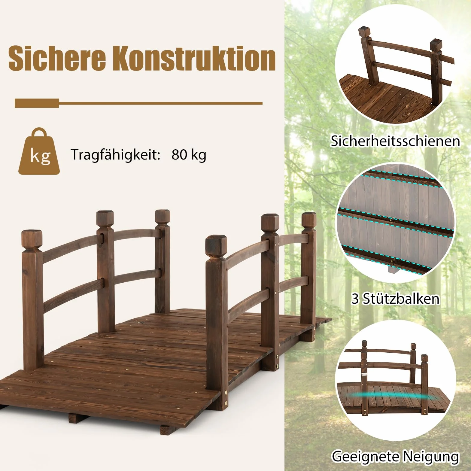 COSTWAY Most do stawu, most ogrodowy, drewniany most z poręczami, dekoracyjny mostek z drewna jodłowego, most ozdobny do ogrodu, stawu, 171,5 x 75,5 x 58 cm, brązowy