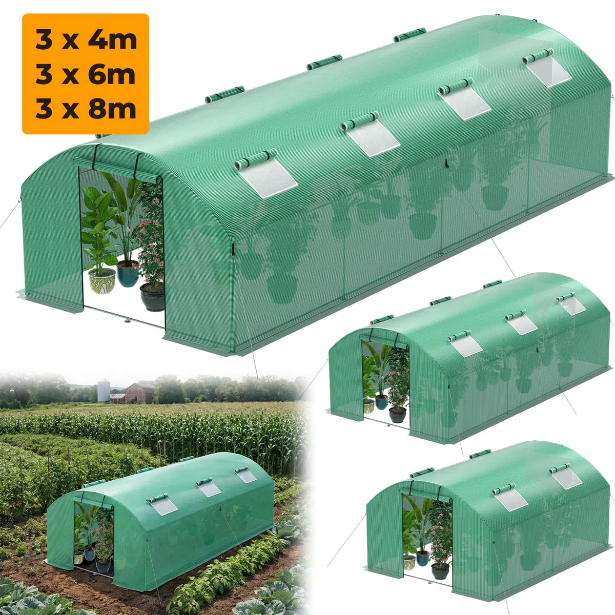 Szklarnia 300 x 600 x 200 cm, szklarnia warzywna z 6 oknami i 2 drzwiczkami z zamkiem błyskawicznym, 140 g/m² PE UV50+, osłona kotwy gruntowe i liny przeciwwiatrowe do stabilnego mocowania w