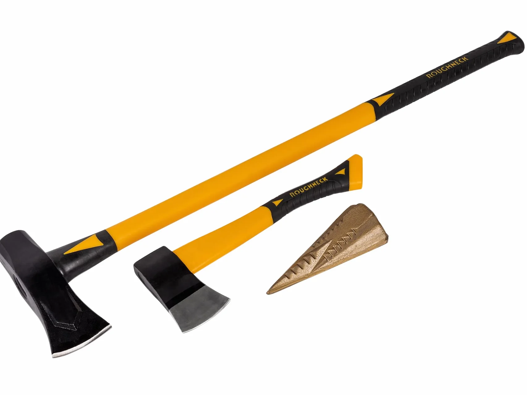Roughneck Zestaw do Cięcia i Łupania Drewna ROU65501, 3 Części, w tym Łuparka (2,7 kg), Siekiera (0,6 kg) i Klin Rozłupujący Wood Grenade, Żółto-Czarny