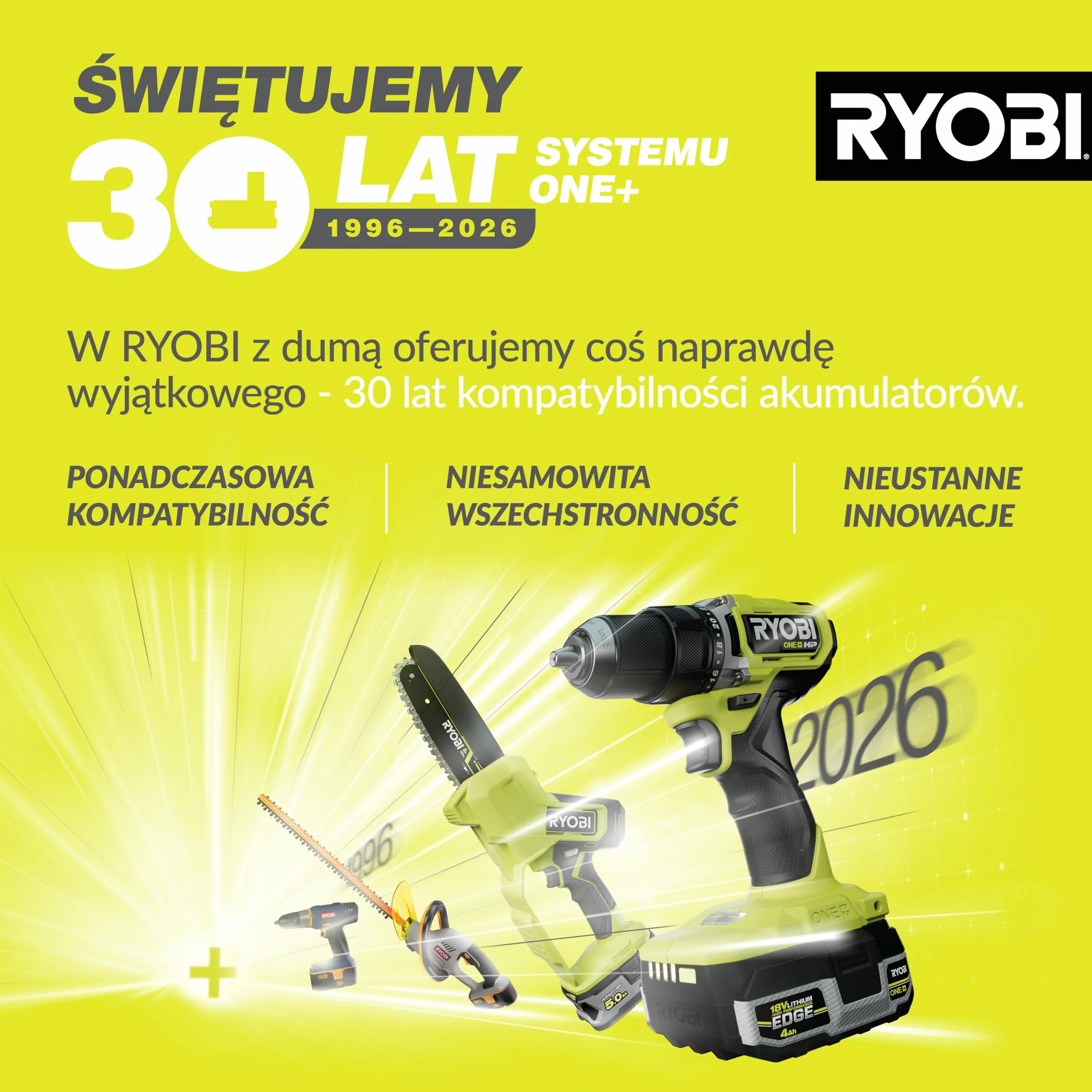 Ryobi Pilarka Łańcuchowa 18 V, OCS1830, Silnik Bezszczotkowy, Długość Prowadnicy 30 cm, Prędkość Przesuwu Łańcucha 10 m/s, Prowadnica oraz Łańcuch Marki Oregon, Automatyczne Smarowanie
